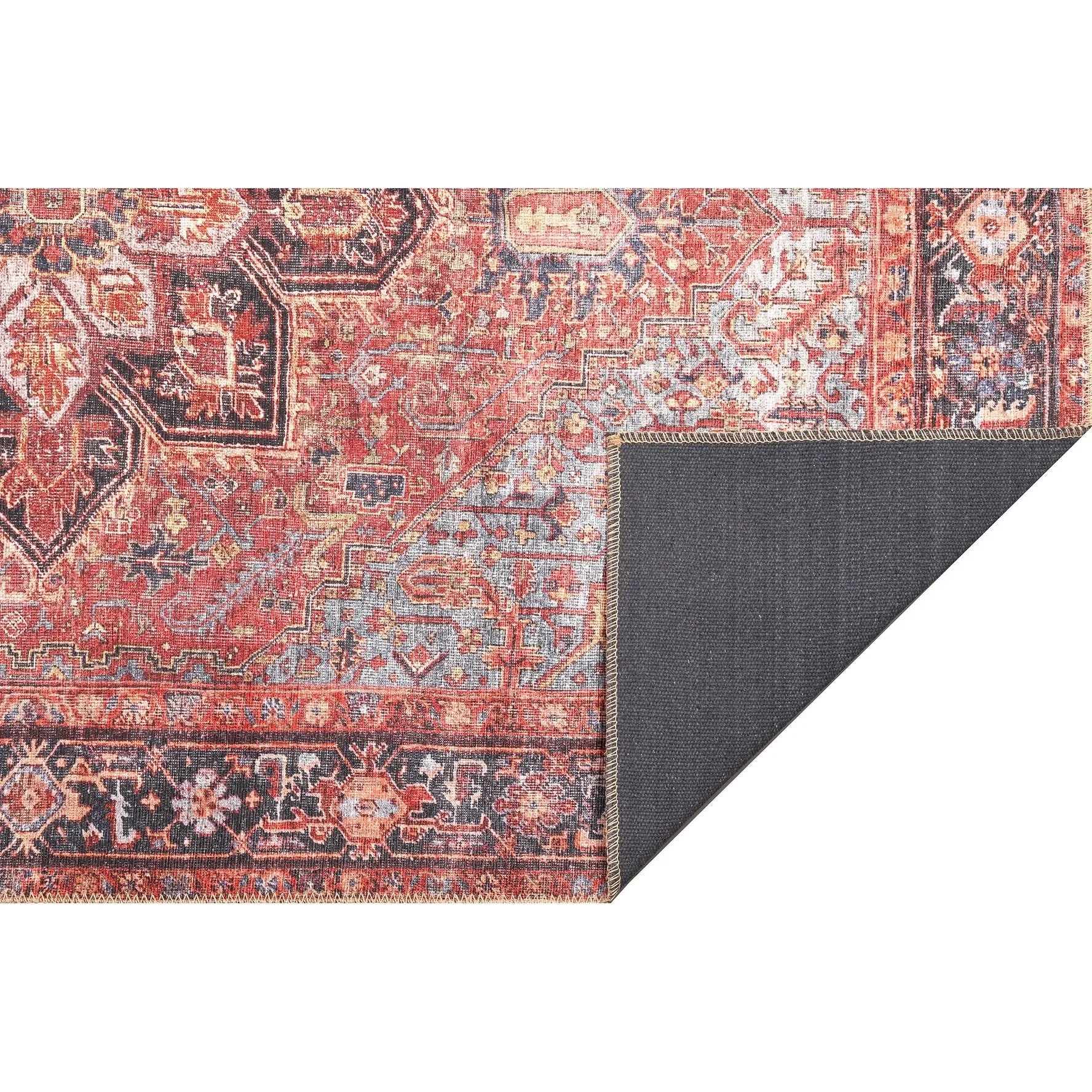 Domani Grove Machine Washable Distressed Oriental Red Medallion Area Rug