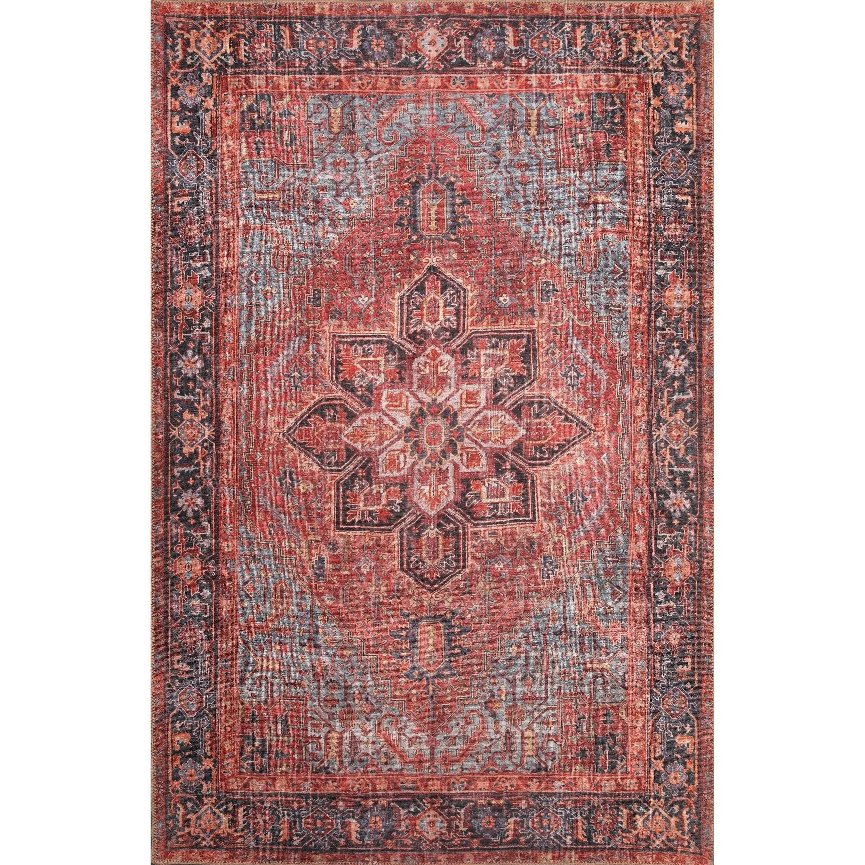Domani Grove Machine Washable Distressed Oriental Red Medallion Area Rug