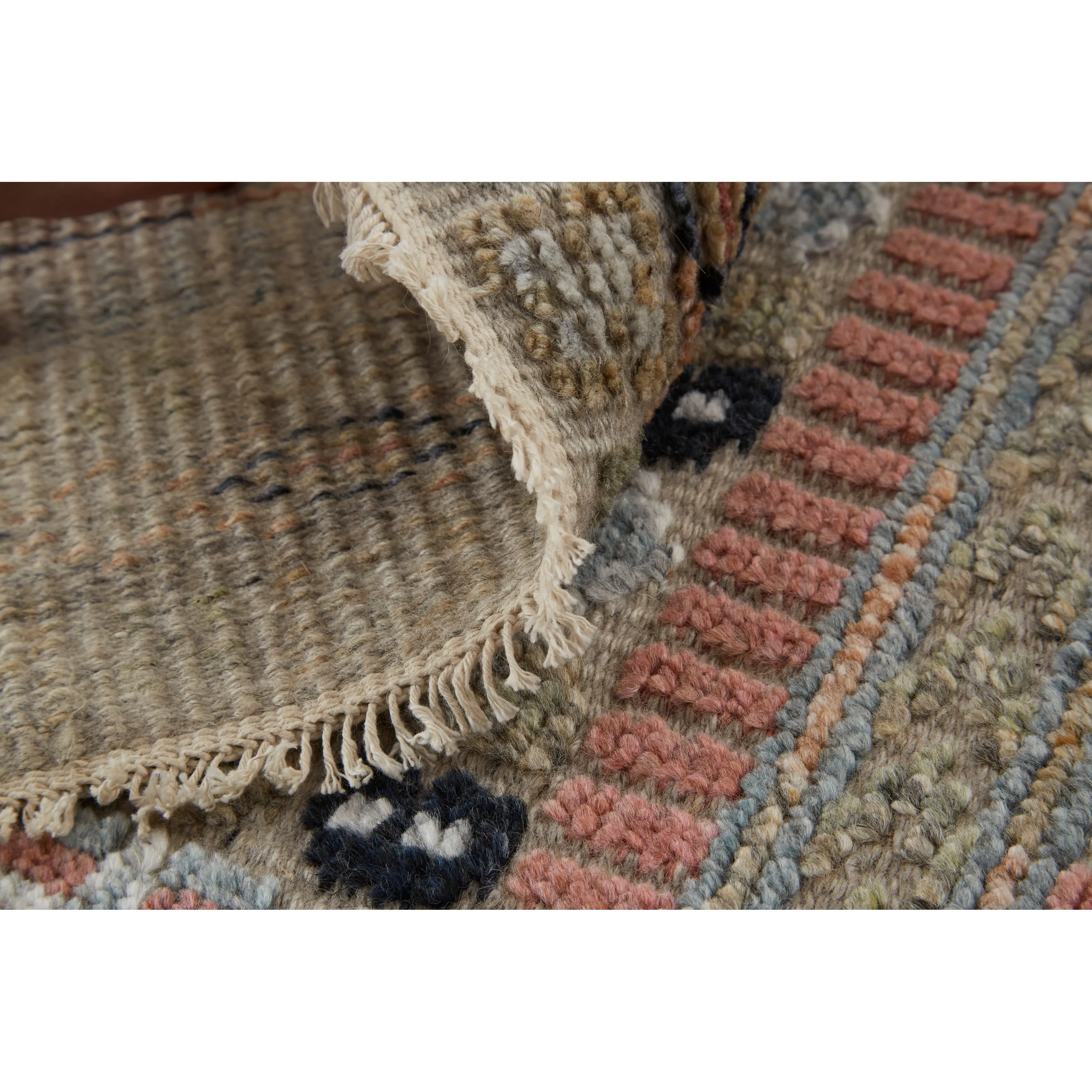 Eckhart Tribal Rug. Khaki Tan/Terracotta/Blue. Area Rug