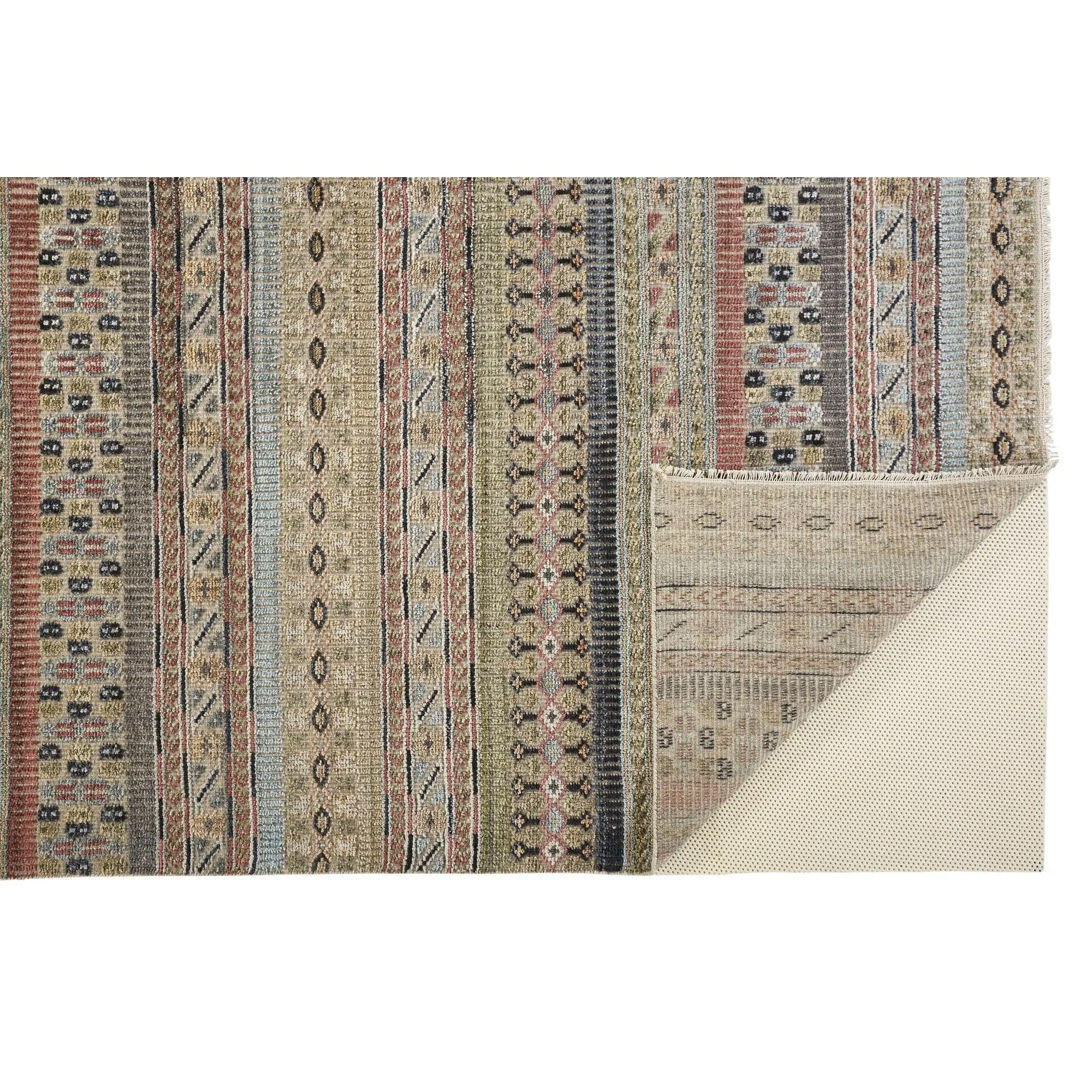Eckhart Tribal Rug. Khaki Tan/Terracotta/Blue. Area Rug