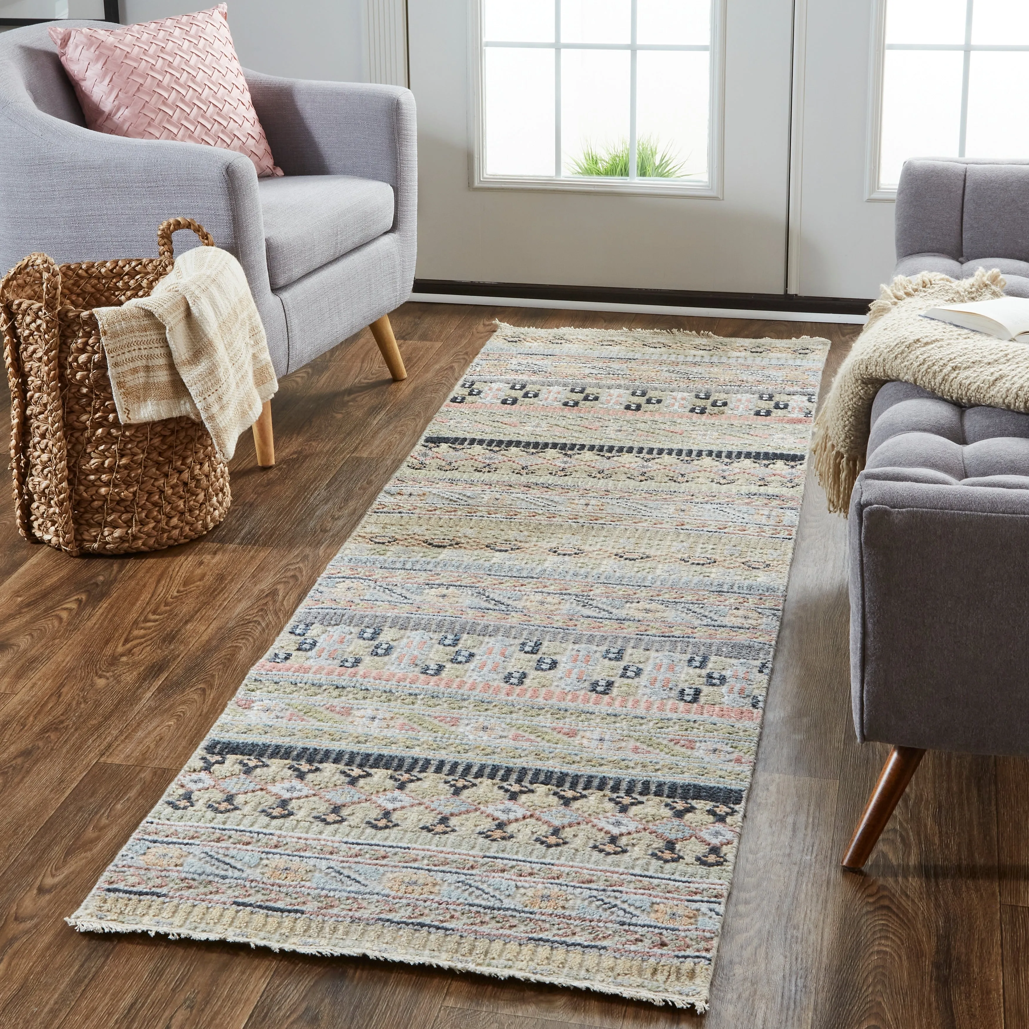 Eckhart Tribal Rug. Khaki Tan/Terracotta/Blue. Area Rug