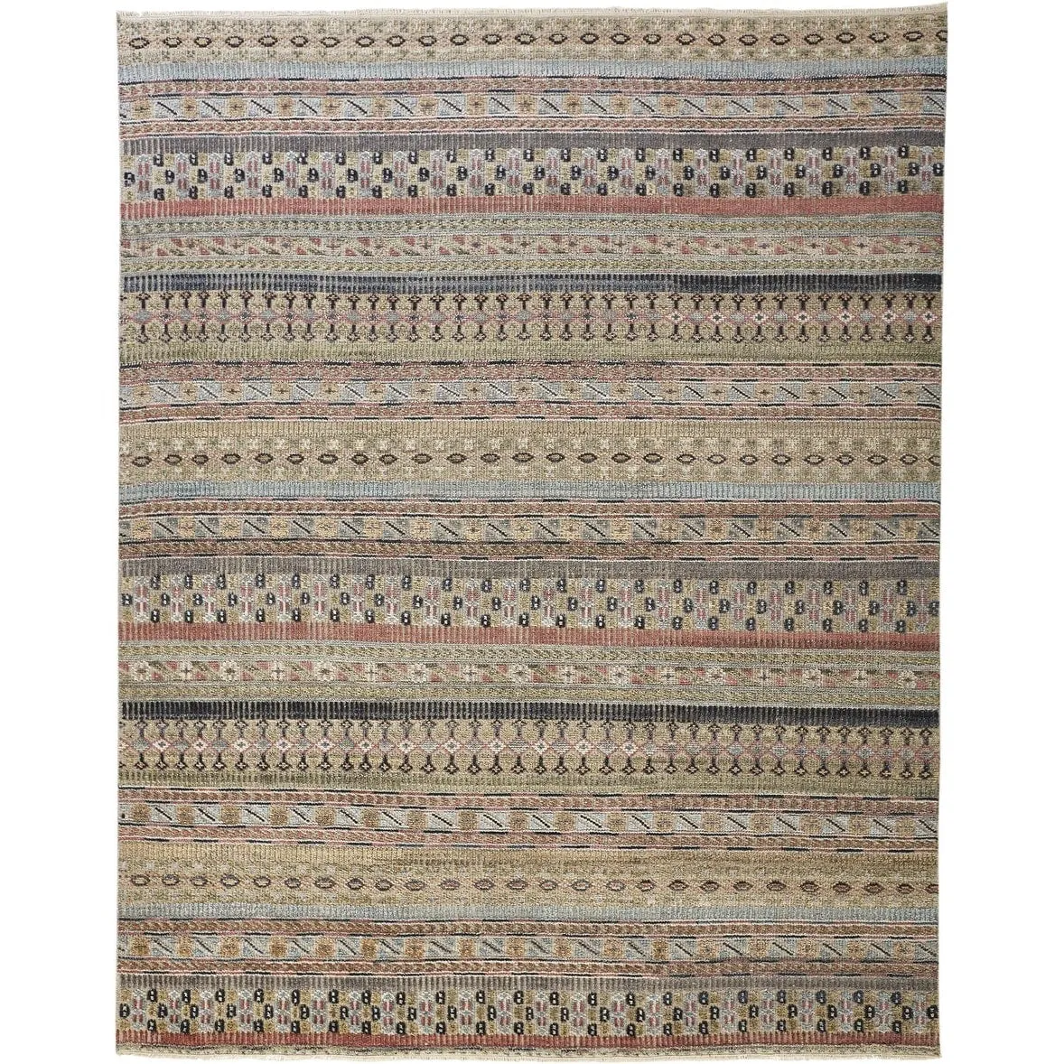 Eckhart Tribal Rug. Khaki Tan/Terracotta/Blue. Area Rug