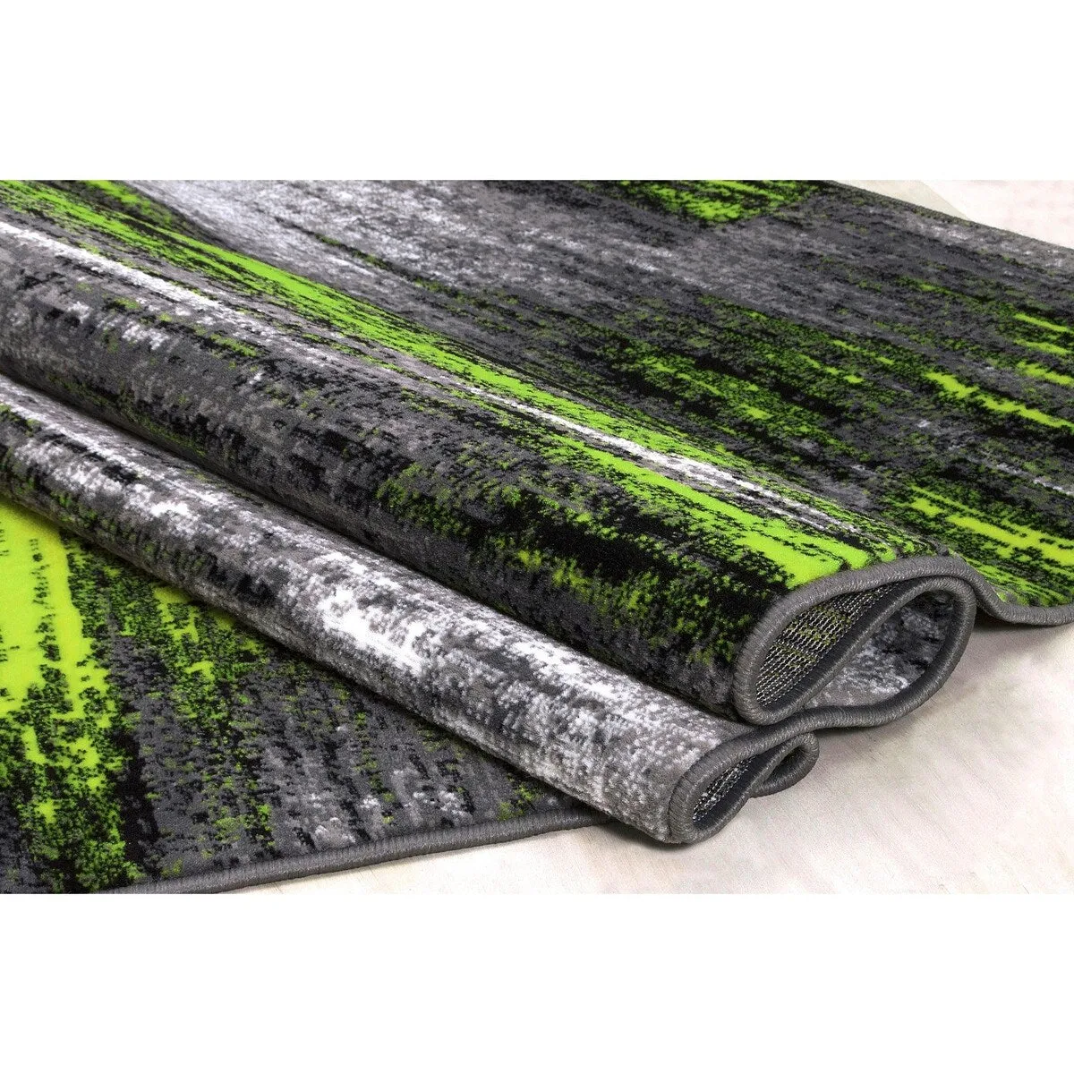 Electric Green. Grey. Silver. Black Abstract Rug Modern Contemporary Brush Pattern