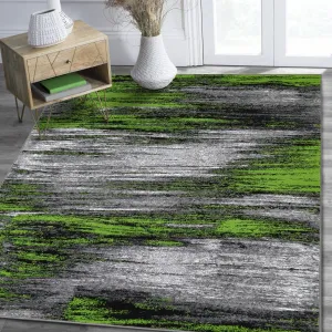 Electric Green. Grey. Silver. Black Abstract Rug Modern Contemporary Brush Pattern
