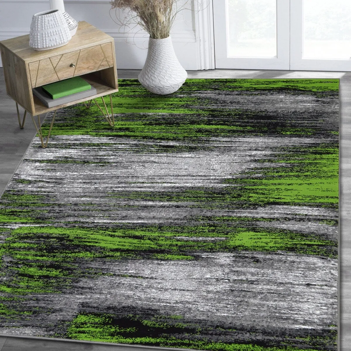 Electric Green. Grey. Silver. Black Abstract Rug Modern Contemporary Brush Pattern