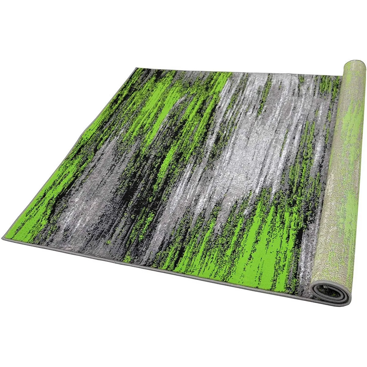 Electric Green. Grey. Silver. Black Abstract Rug Modern Contemporary Brush Pattern