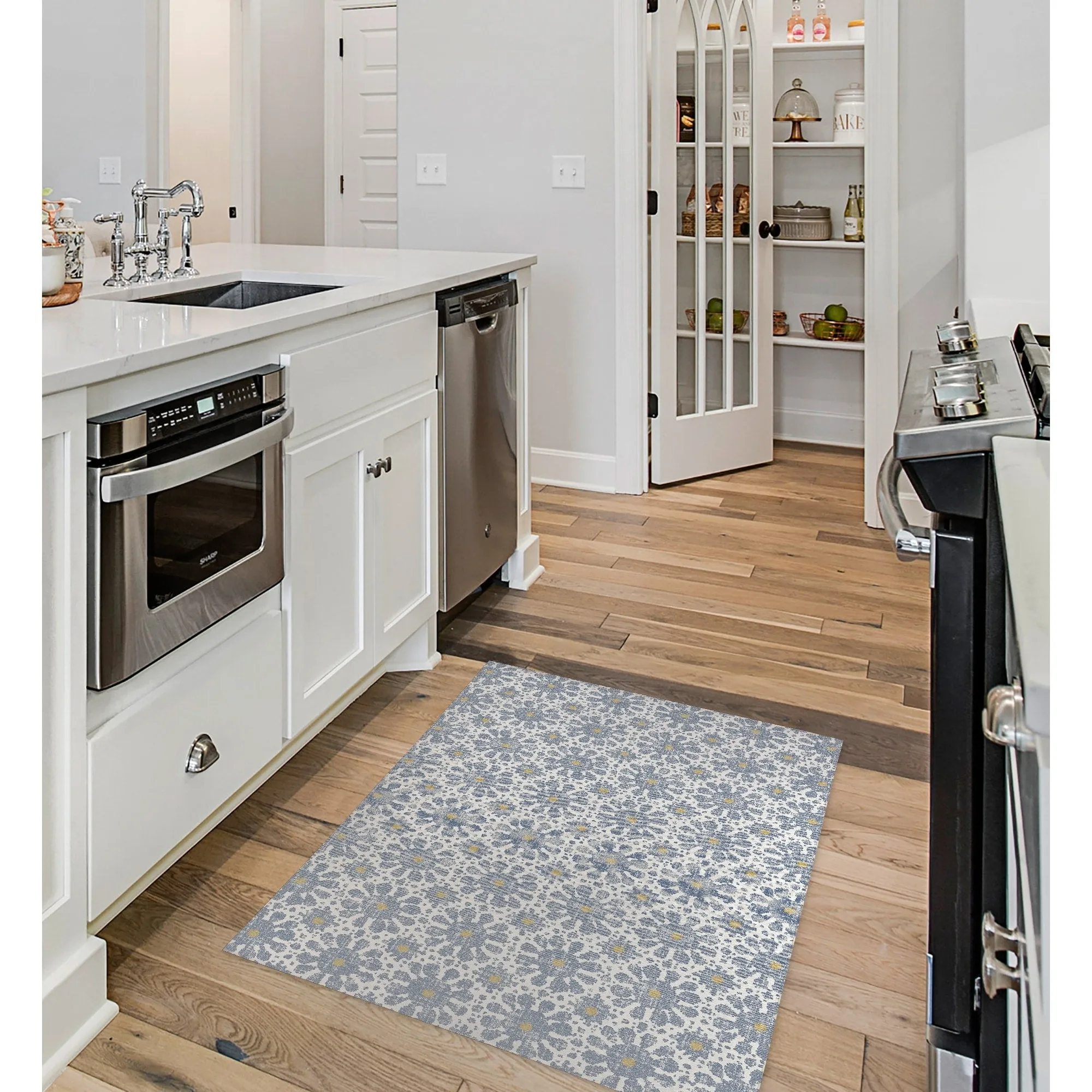 FARMHOUSE FLOWER DENIM BLUE Kitchen Mat By Kavka Designs