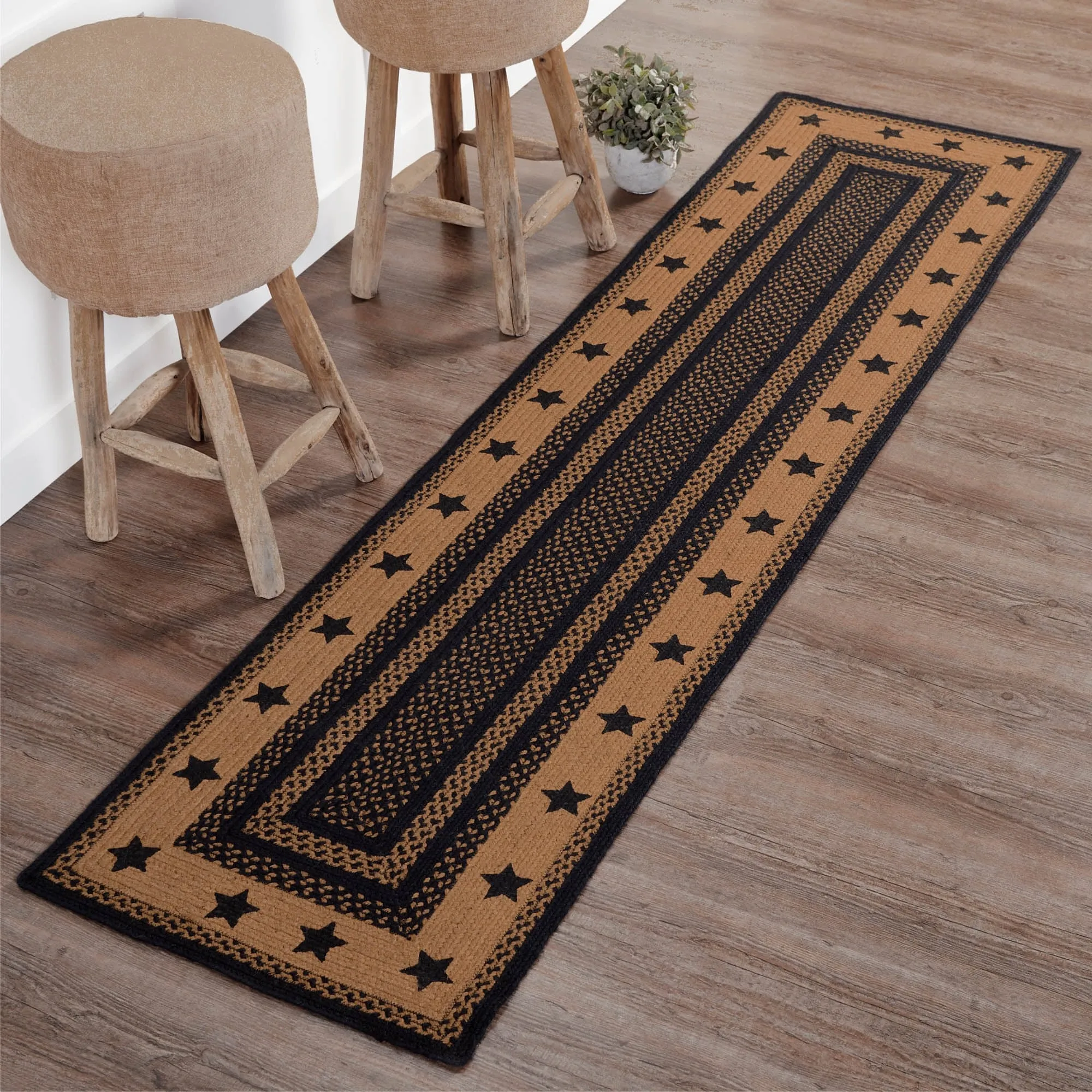 Farmhouse Jute Rug/Runner Rect Stencil Stars w/ Pad 24x96 - 2' x 8'