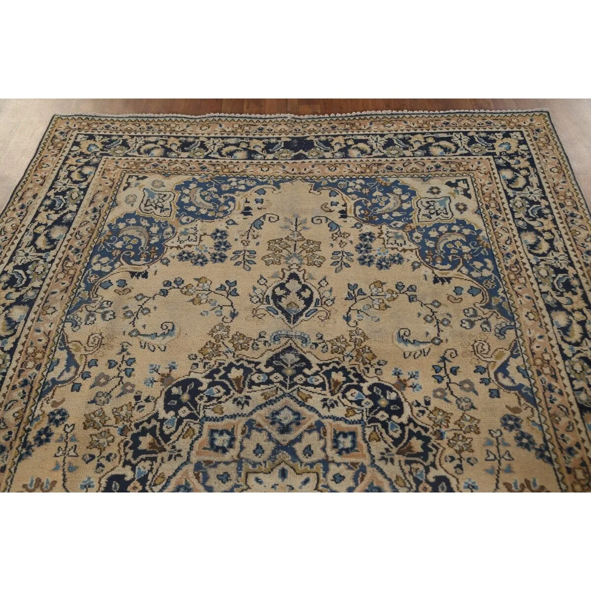 Floral Mashad Persian Vintage Rug Hand-Knotted Wool Carpet - 6'3x 9'1