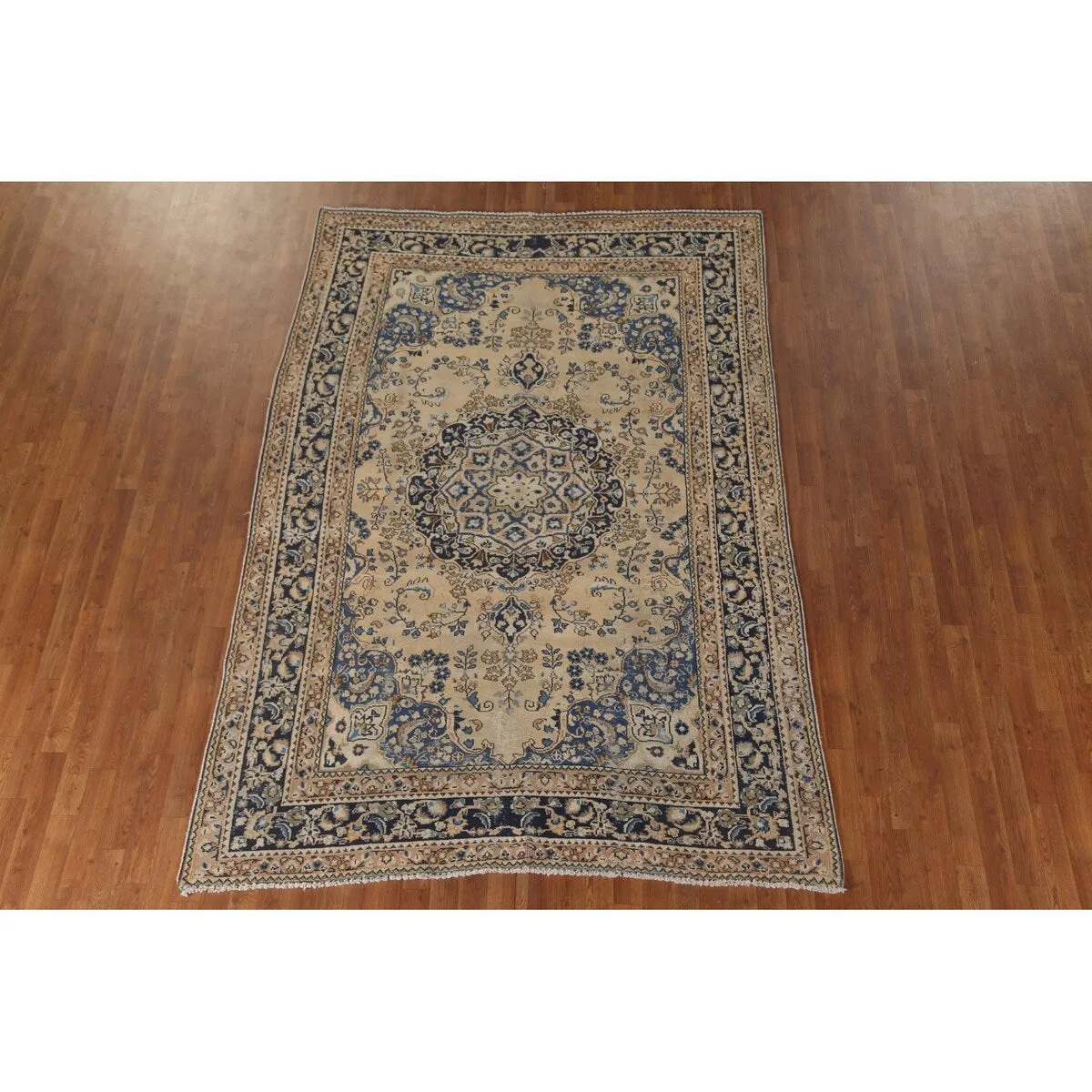 Floral Mashad Persian Vintage Rug Hand-Knotted Wool Carpet - 6'3x 9'1