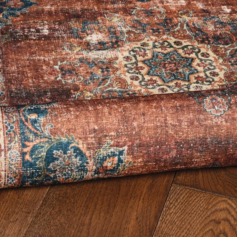 Foster Machine Washable Medallion Russet and Ivory Area Rug