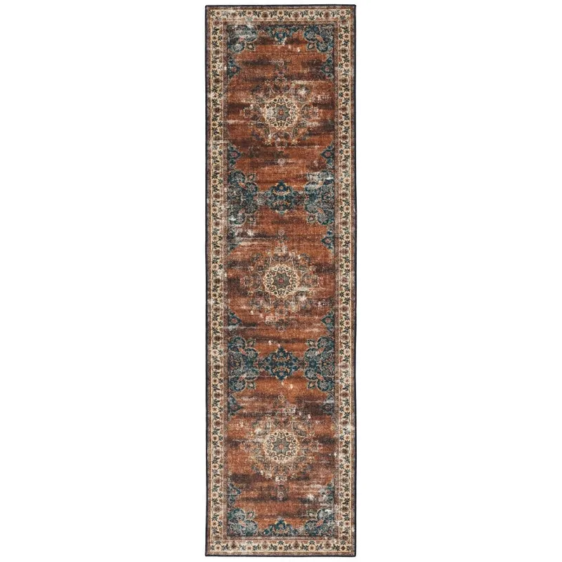 Foster Machine Washable Medallion Russet and Ivory Area Rug
