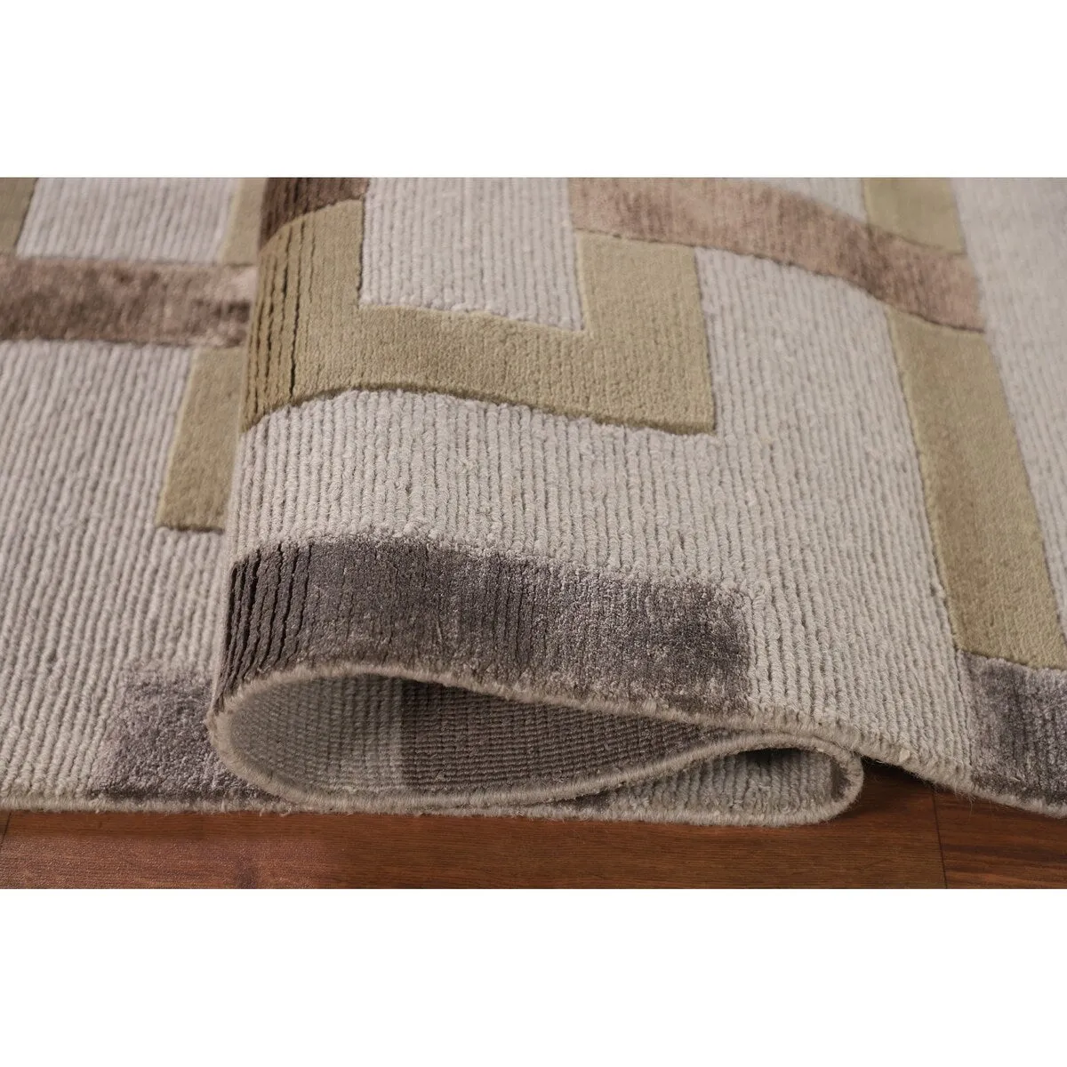 Geometric Beige Nepalese Modern Area Rug Handmade Wool Carpet - 6'1 x 8'10