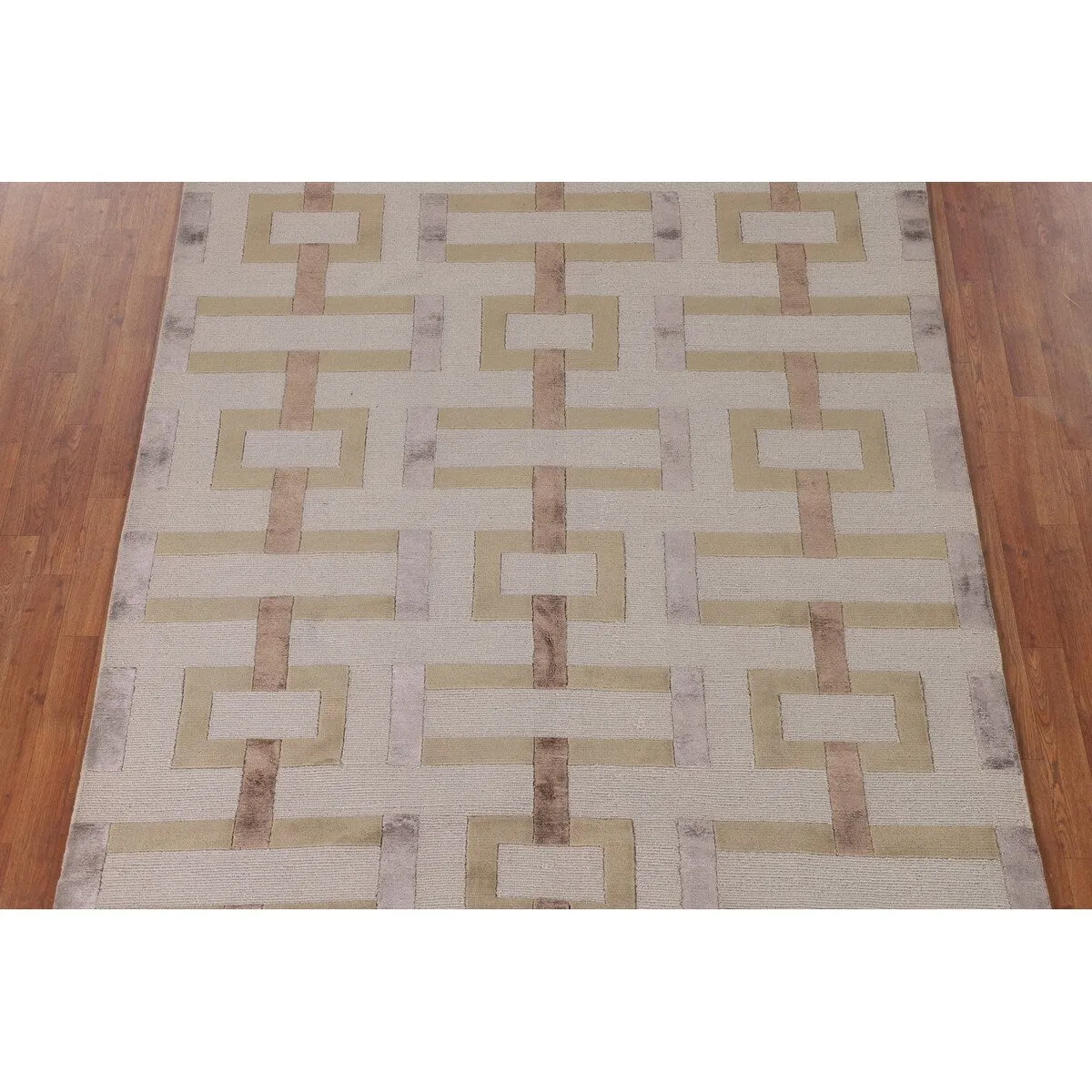 Geometric Beige Nepalese Modern Area Rug Handmade Wool Carpet - 6'1 x 8'10