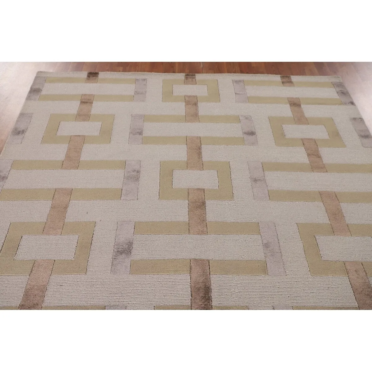 Geometric Beige Nepalese Modern Area Rug Handmade Wool Carpet - 6'1 x 8'10