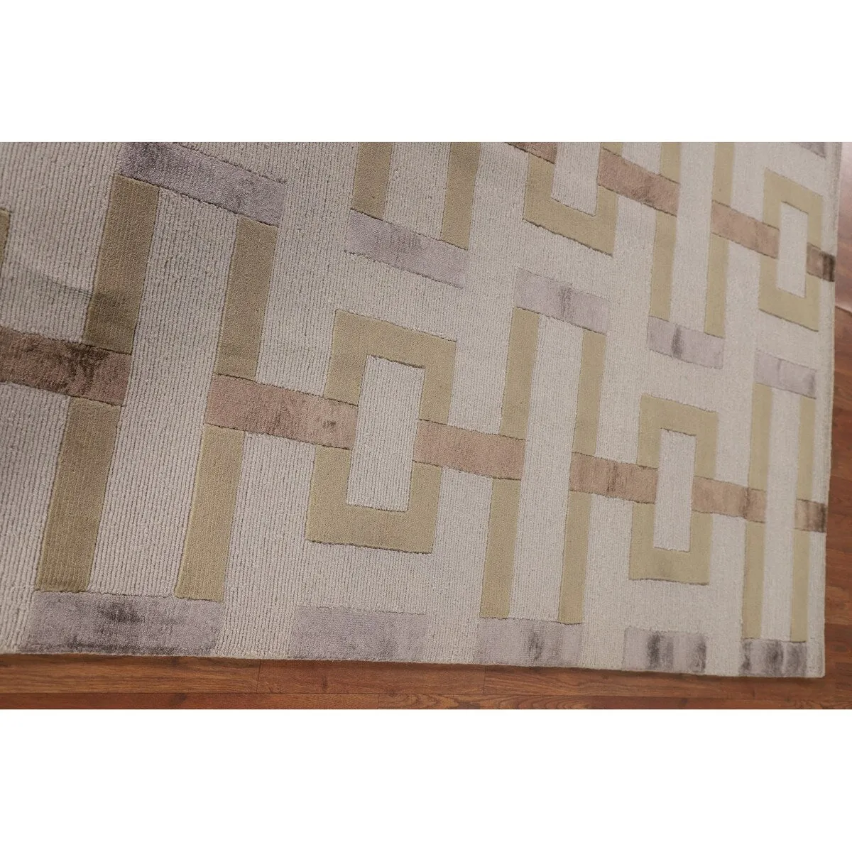 Geometric Beige Nepalese Modern Area Rug Handmade Wool Carpet - 6'1 x 8'10
