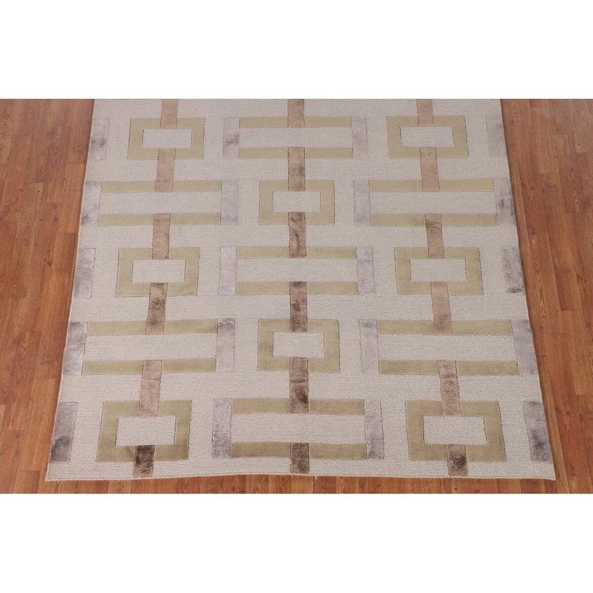 Geometric Beige Nepalese Modern Area Rug Handmade Wool Carpet - 6'1 x 8'10
