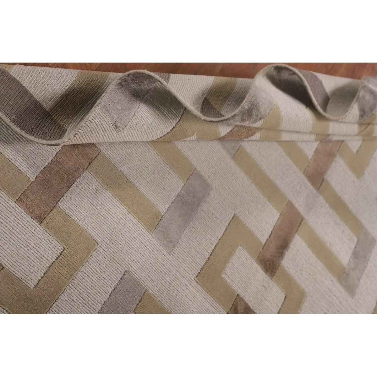 Geometric Beige Nepalese Modern Area Rug Handmade Wool Carpet - 6'1 x 8'10