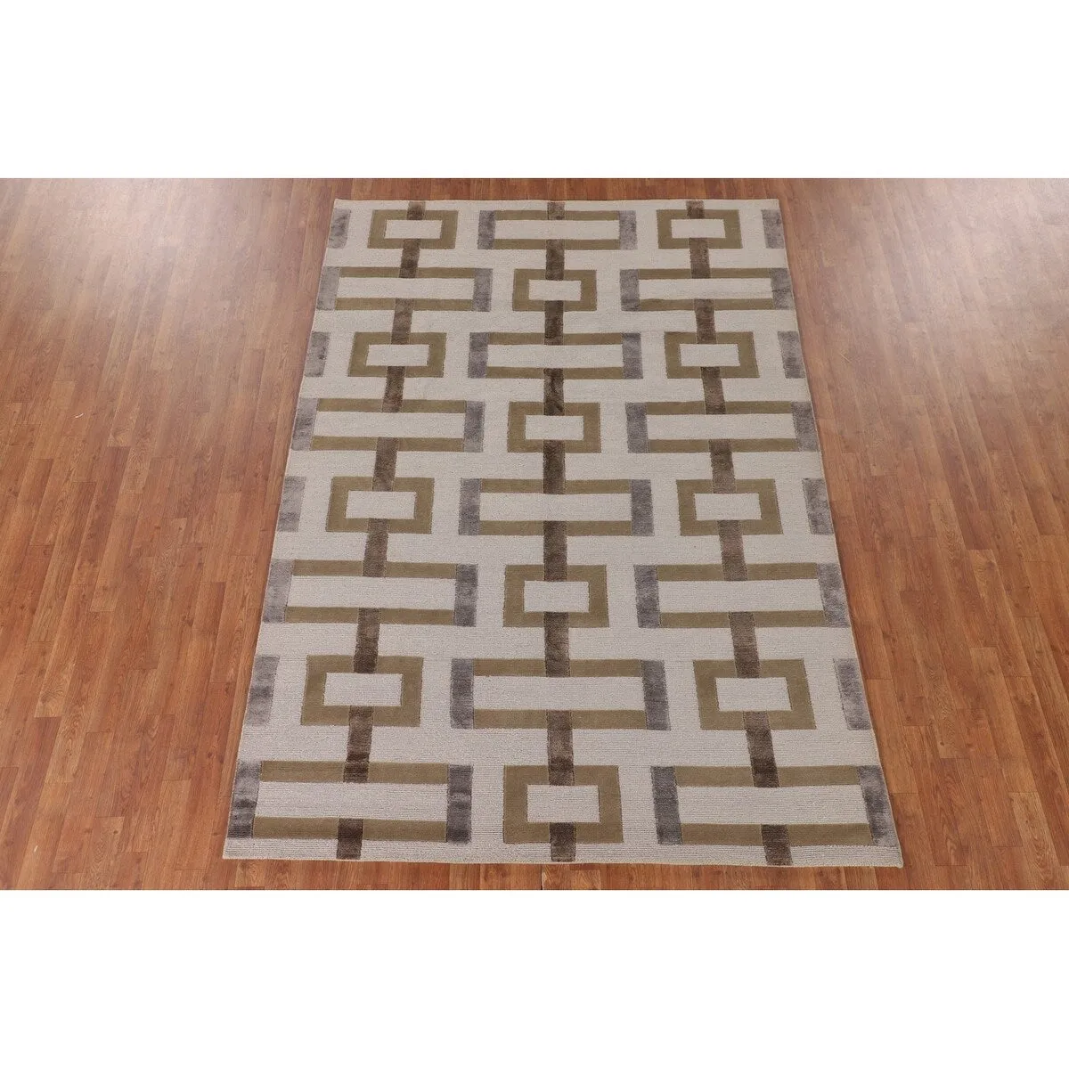 Geometric Beige Nepalese Modern Area Rug Handmade Wool Carpet - 6'1 x 8'10