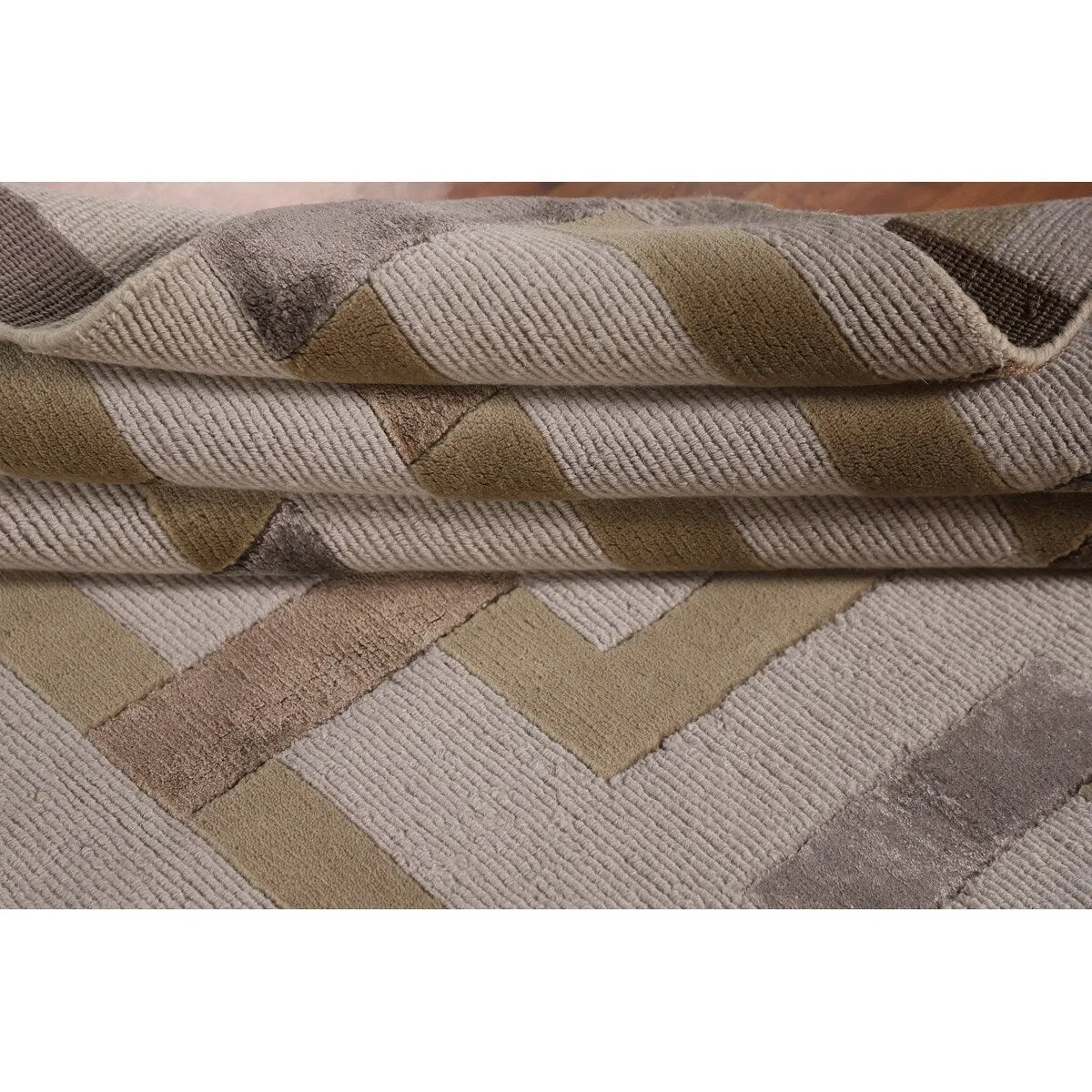 Geometric Beige Nepalese Modern Area Rug Handmade Wool Carpet - 6'1 x 8'10