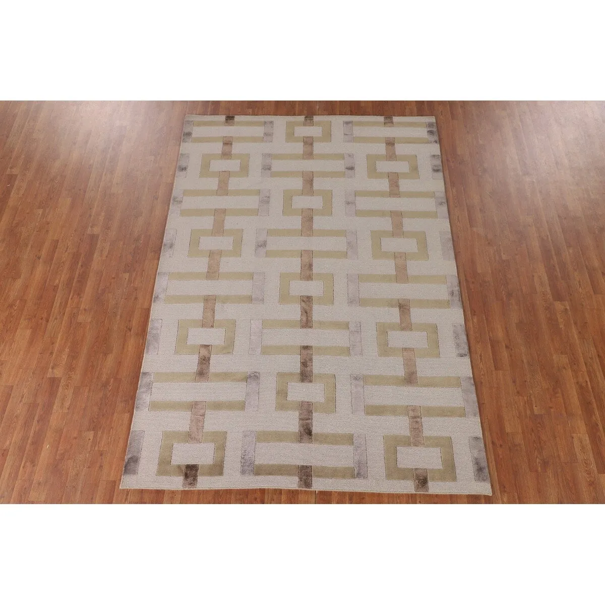 Geometric Beige Nepalese Modern Area Rug Handmade Wool Carpet - 6'1 x 8'10