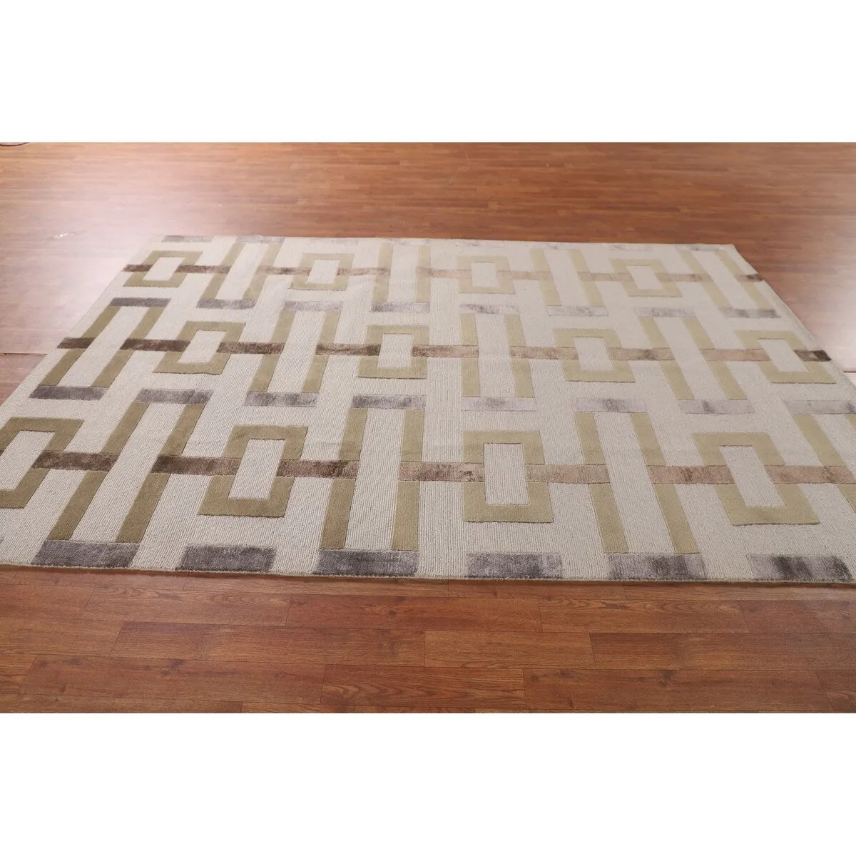 Geometric Beige Nepalese Modern Area Rug Handmade Wool Carpet - 6'1 x 8'10