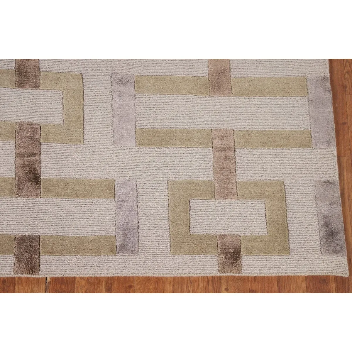 Geometric Beige Nepalese Modern Area Rug Handmade Wool Carpet - 6'1 x 8'10