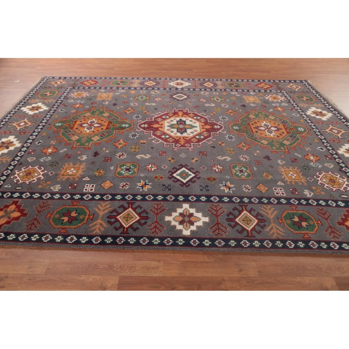 Geometric Kazak Area Rug Handmade Wool Carpet - 7'11x 10'3
