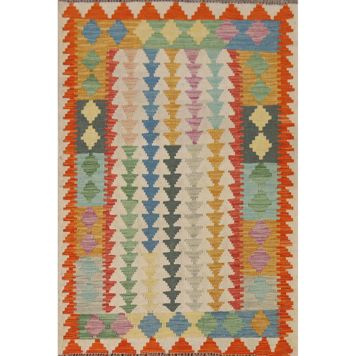 Geometric Kilim Area Rug Flatweave Foyer Wool Carpet - 3'4x 4'11