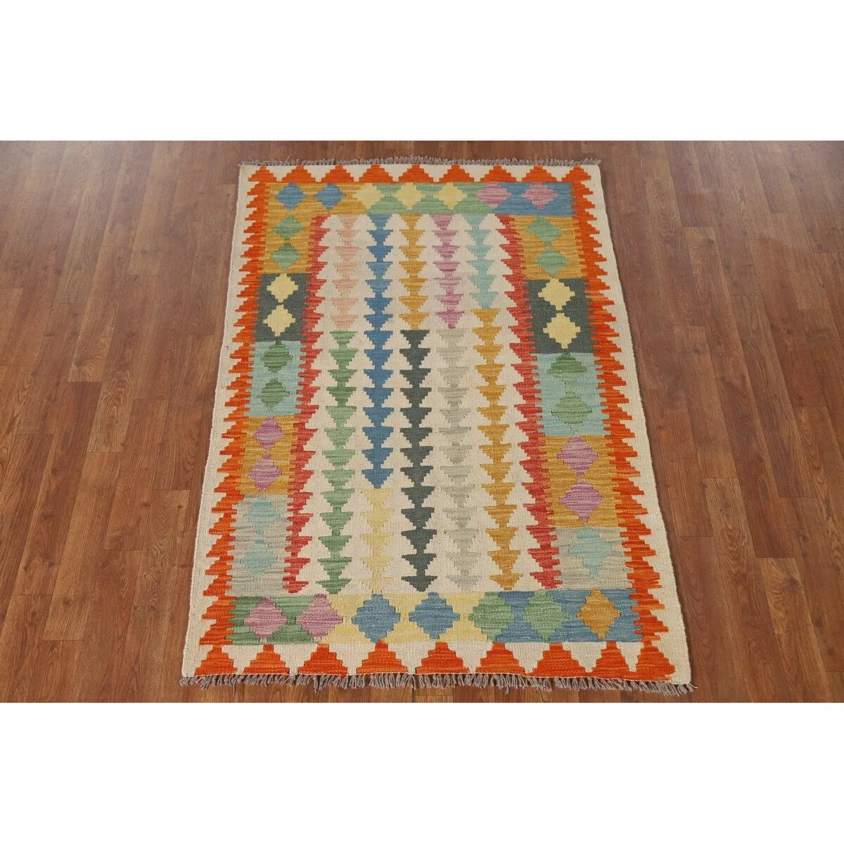 Geometric Kilim Area Rug Flatweave Foyer Wool Carpet - 3'4x 4'11