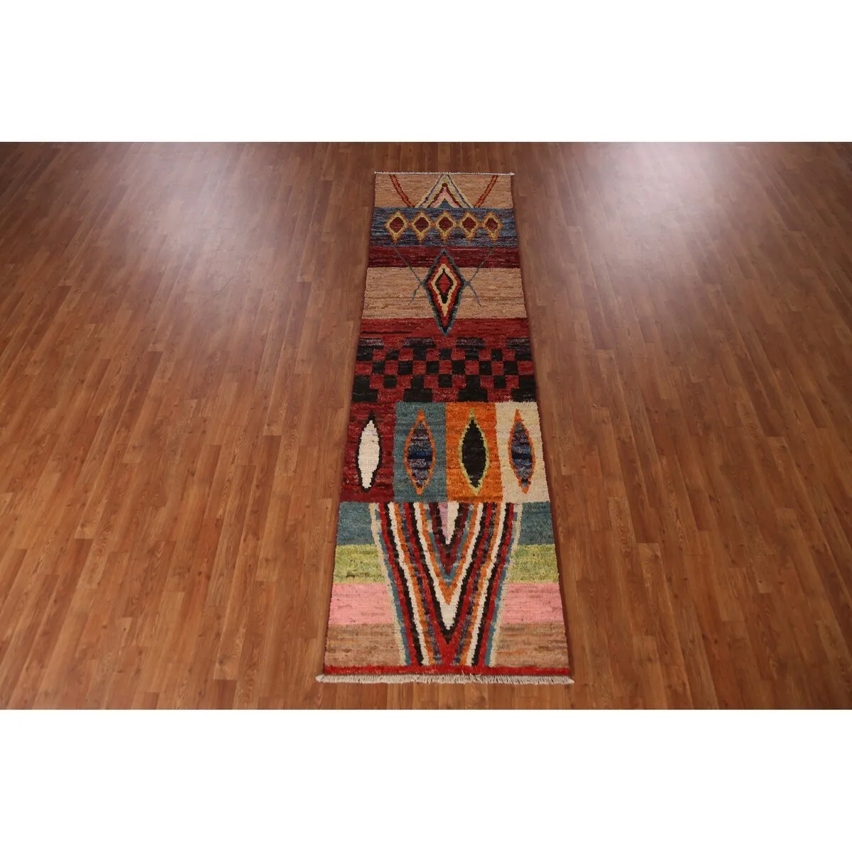Geometric Multi-Color Moroccan Runner Rug Handmade Wool Carpet - 2'8 x 9'11