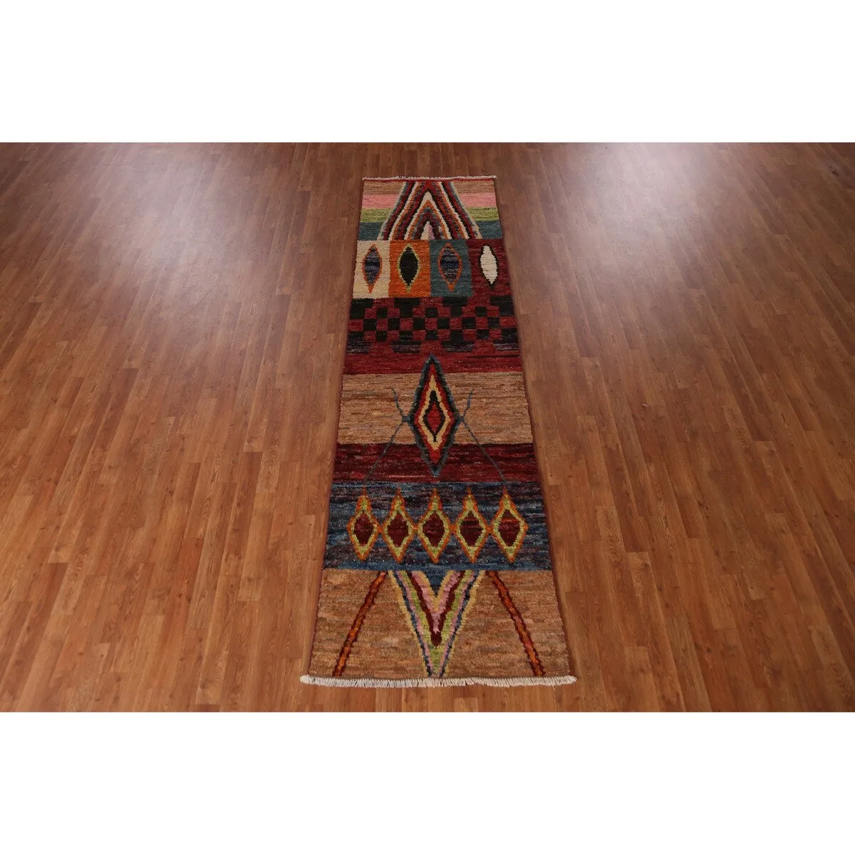 Geometric Multi-Color Moroccan Runner Rug Handmade Wool Carpet - 2'8 x 9'11