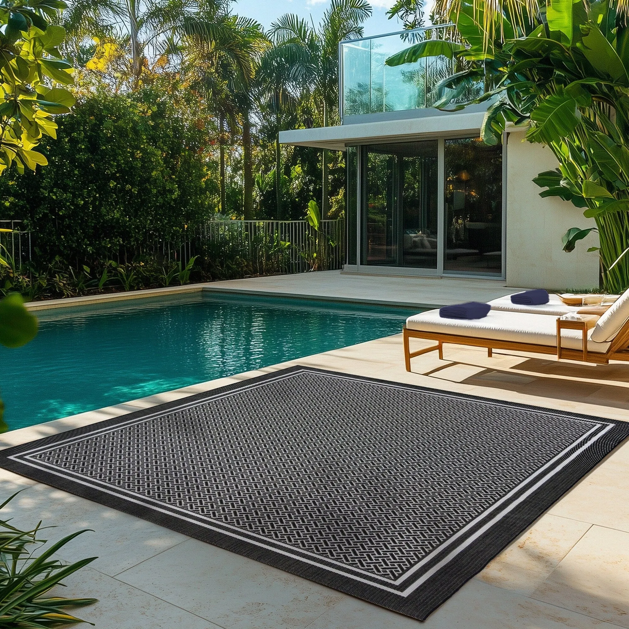 Gertmenian Paseo Soroa Black/White Classic Border Flatweave Indoor/ Outdoor Area Rug