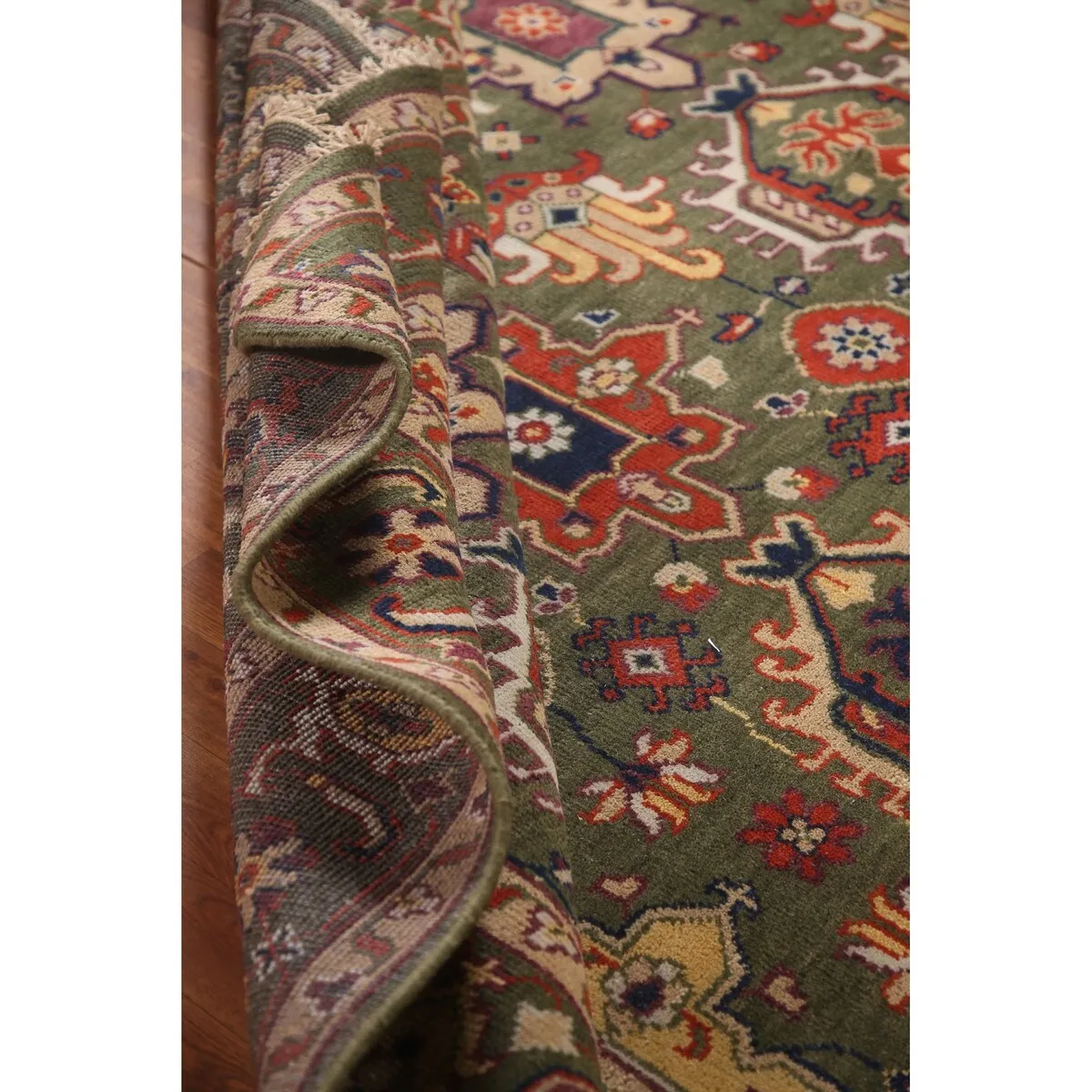 Green Geometric Heriz-Serapi Oriental Area Rug Handmade Wool Carpet - 7'10x 9'11