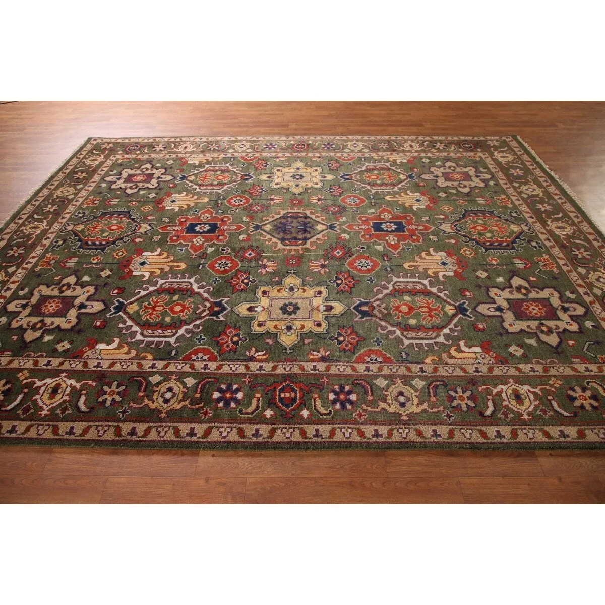 Green Geometric Heriz-Serapi Oriental Area Rug Handmade Wool Carpet - 7'10x 9'11