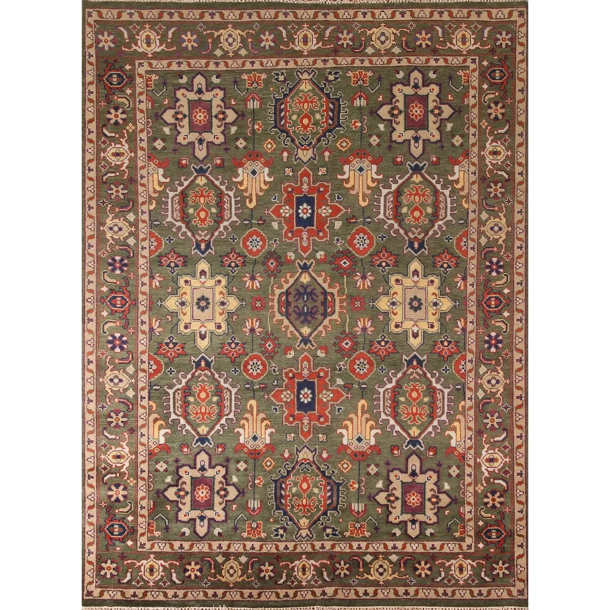 Green Geometric Heriz-Serapi Oriental Area Rug Handmade Wool Carpet - 7'10x 9'11