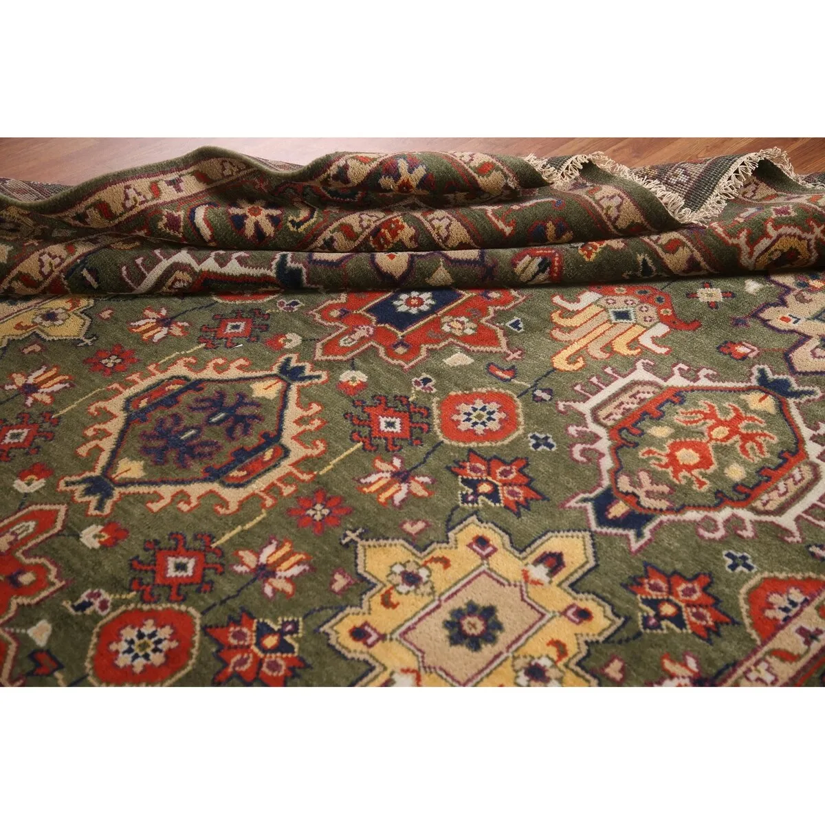 Green Geometric Heriz-Serapi Oriental Area Rug Handmade Wool Carpet - 7'10x 9'11