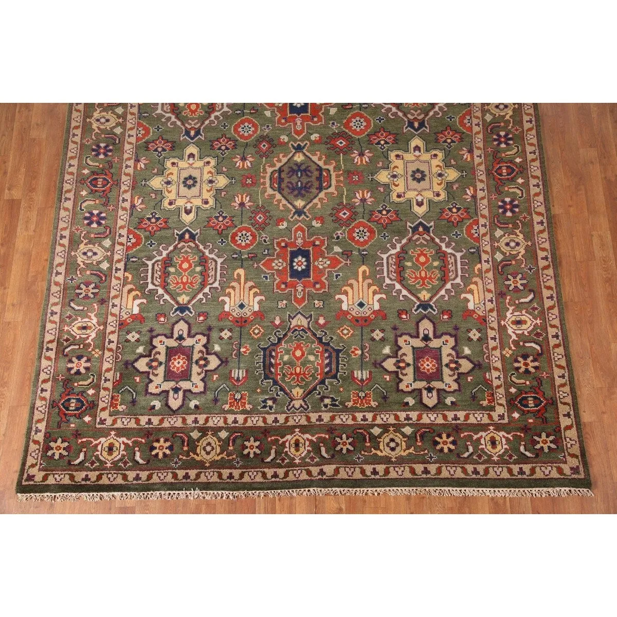 Green Geometric Heriz-Serapi Oriental Area Rug Handmade Wool Carpet - 7'10x 9'11