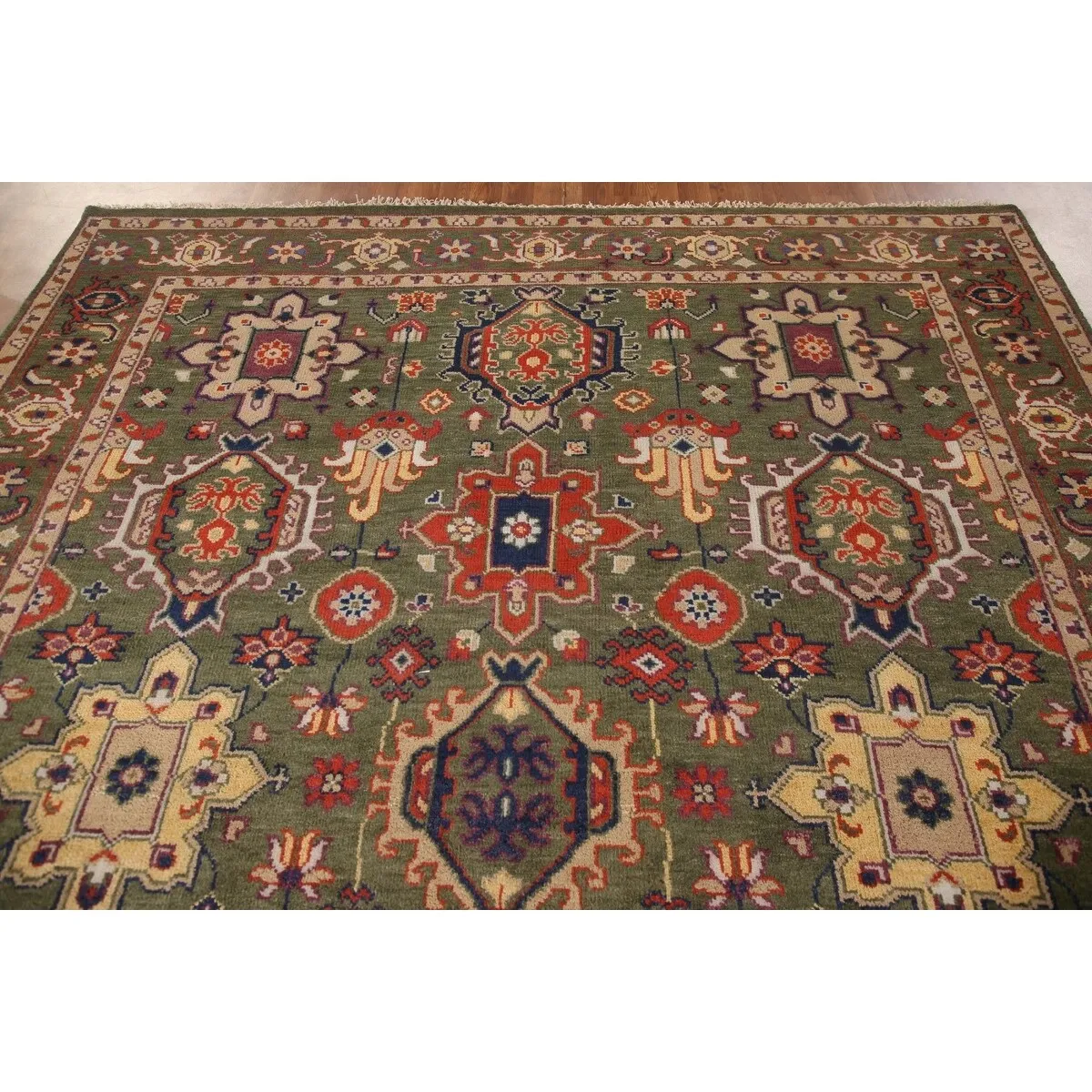 Green Geometric Heriz-Serapi Oriental Area Rug Handmade Wool Carpet - 7'10x 9'11