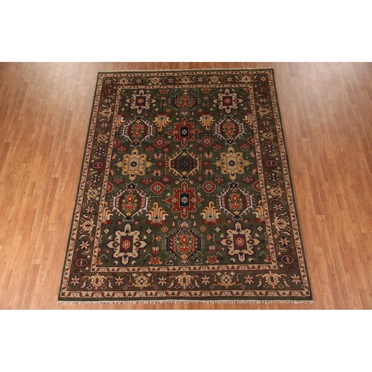 Green Geometric Heriz-Serapi Oriental Area Rug Handmade Wool Carpet - 7'10x 9'11