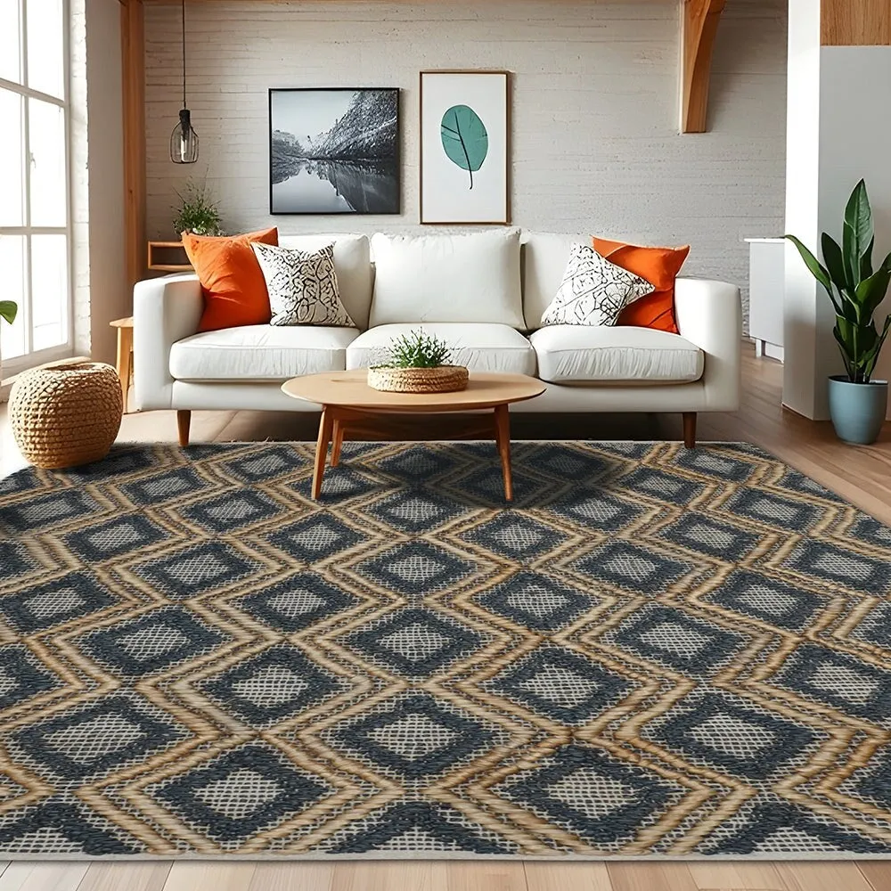 Handwoven Navy Blue/Brown Geometric Flatweave Indoor Jute Area Rug