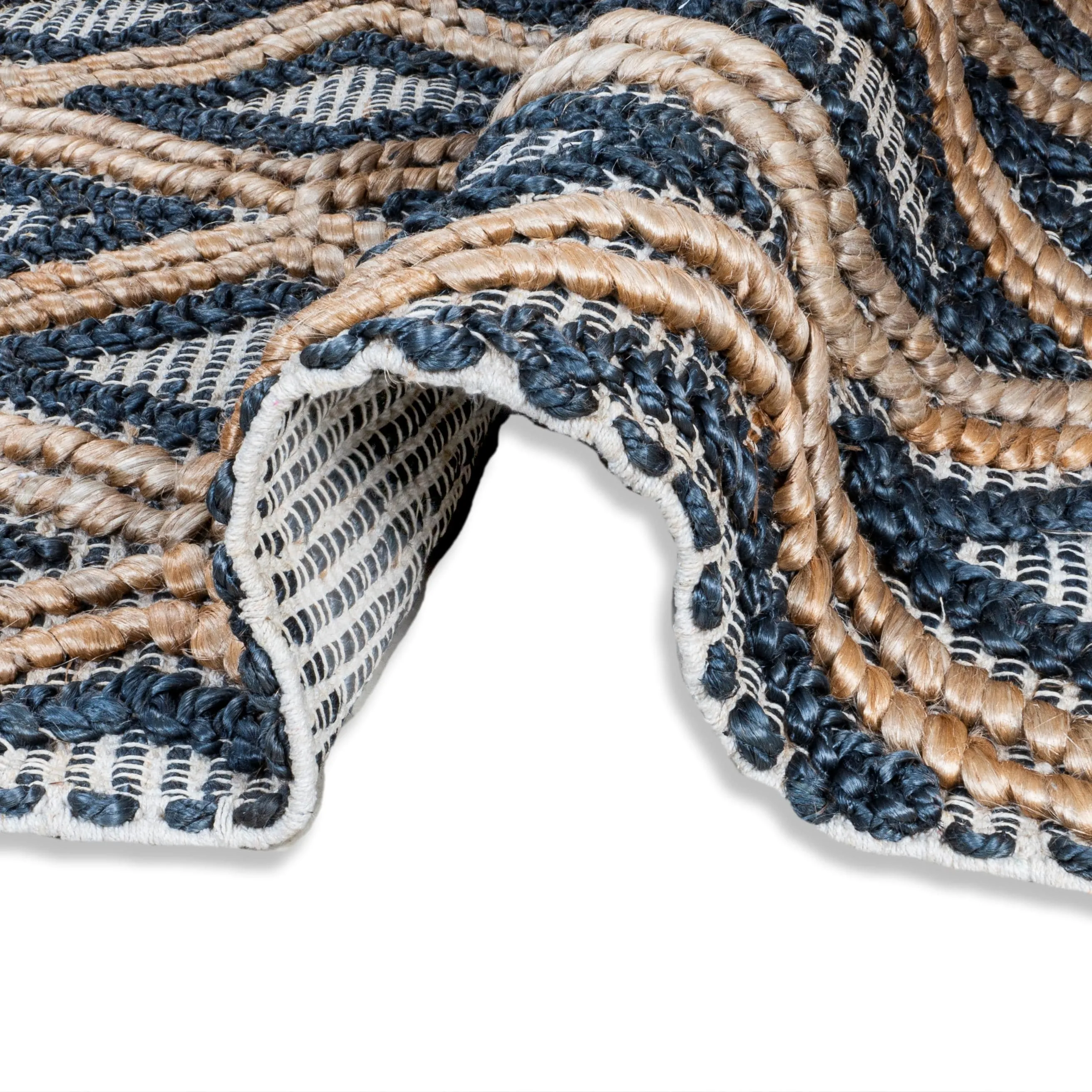 Handwoven Navy Blue/Brown Geometric Flatweave Indoor Jute Area Rug