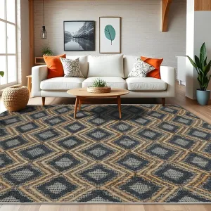 Handwoven Navy Blue/Brown Geometric Flatweave Indoor Jute Area Rug