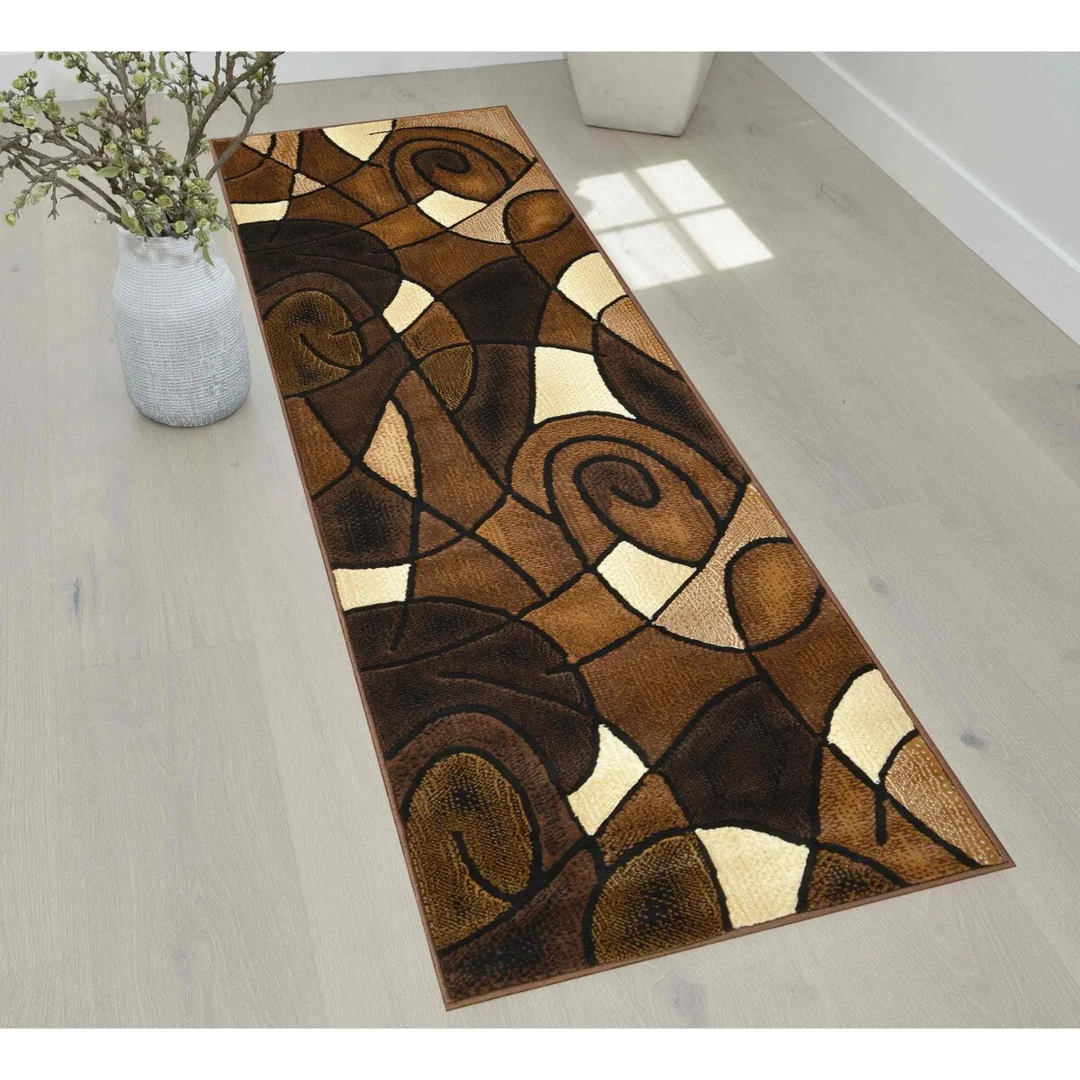 HR Chocolate Brown/Beige/Mocha/Black/Abstract Area Rug Modern Contemporary Circles / Wavey Swirls Pattern