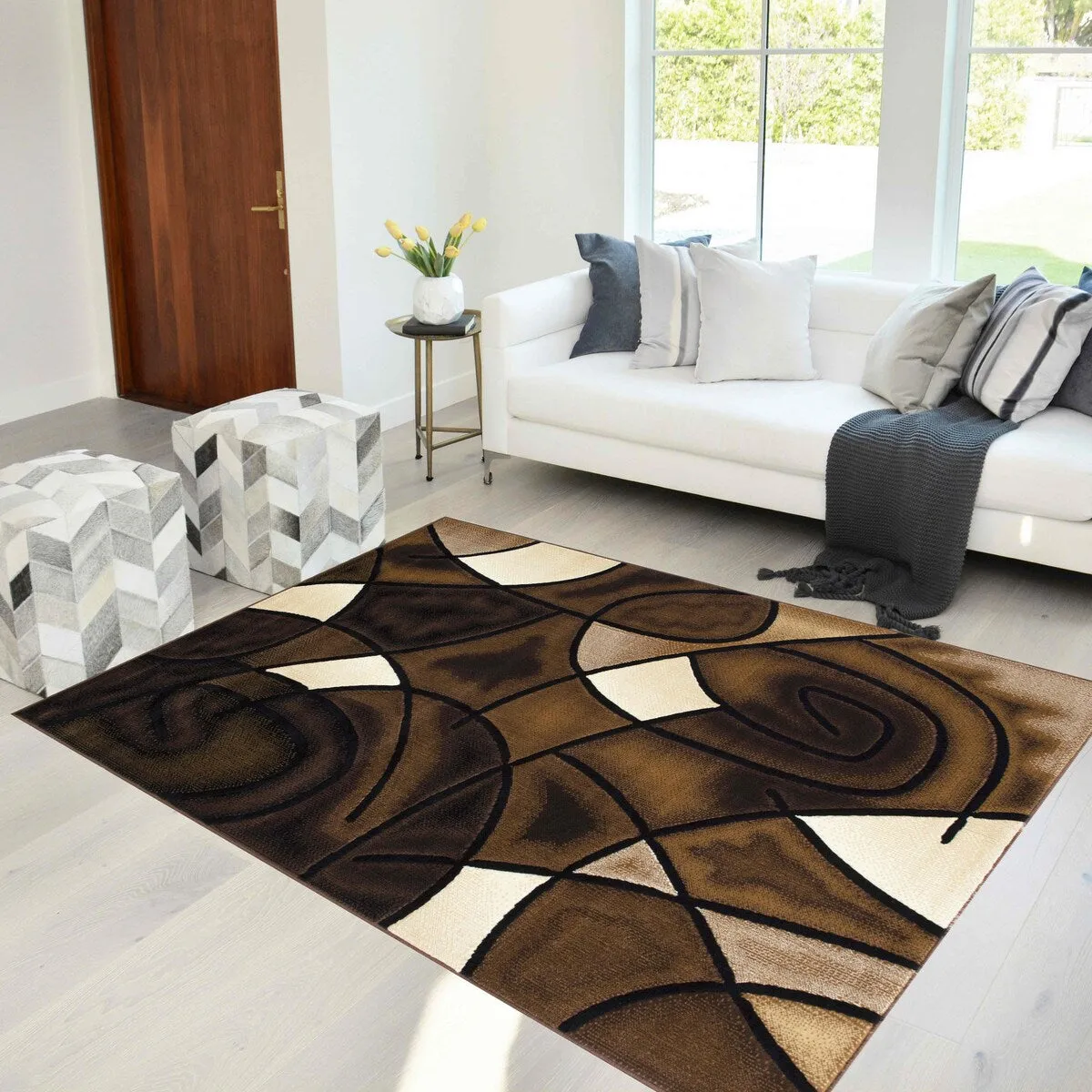 HR Chocolate Brown/Beige/Mocha/Black/Abstract Area Rug Modern Contemporary Circles / Wavey Swirls Pattern