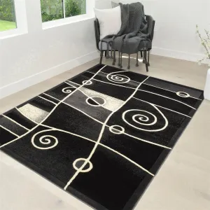 HR Gray. Black. Ivory and Multi Modern Contemporary Area Rugs-Abstract with Wavy Swirls -Shed Free