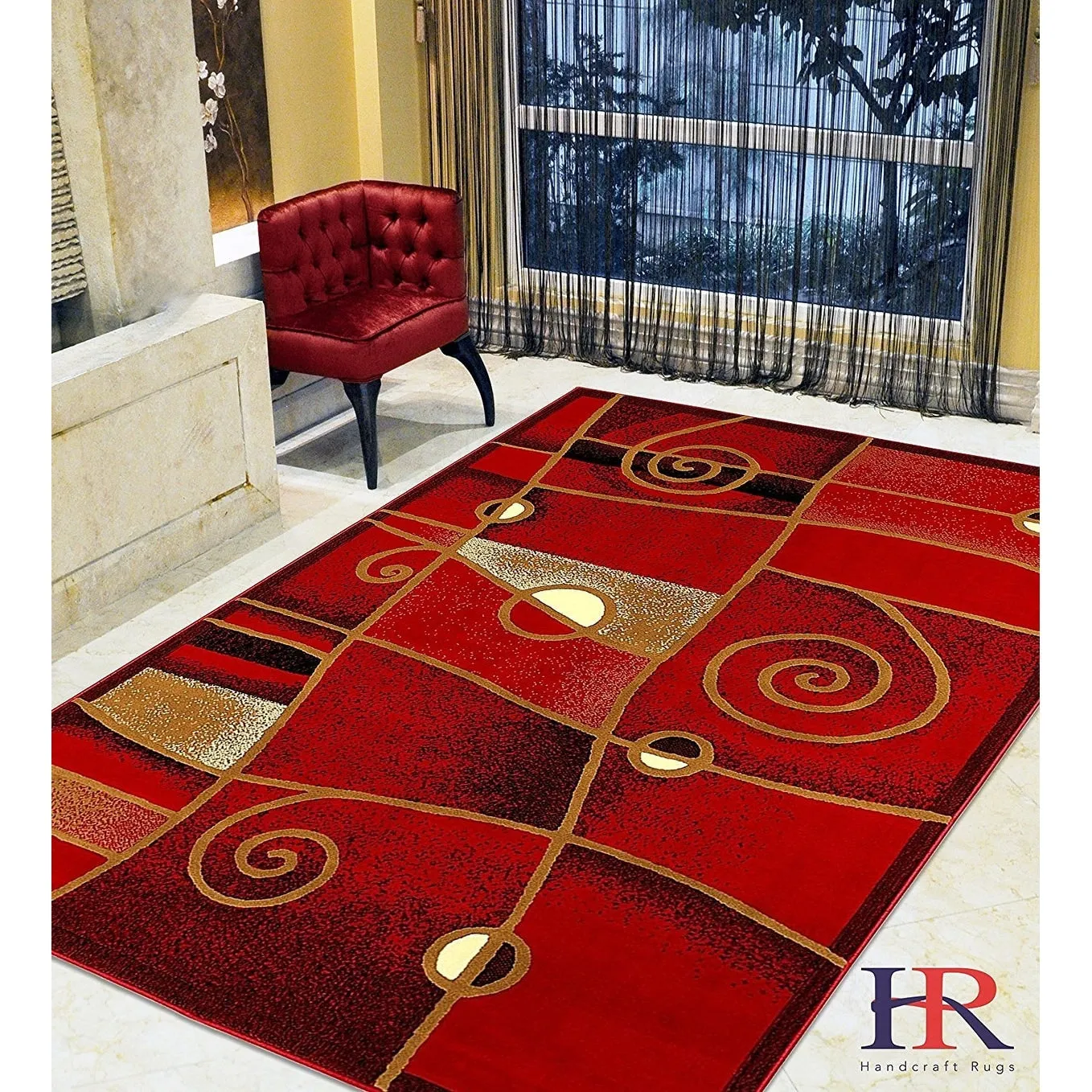 HR Red. Black. Mocha and Multi Modern Contemporary Area Rugs-Abstract with Wavy Swirls -Shed Free