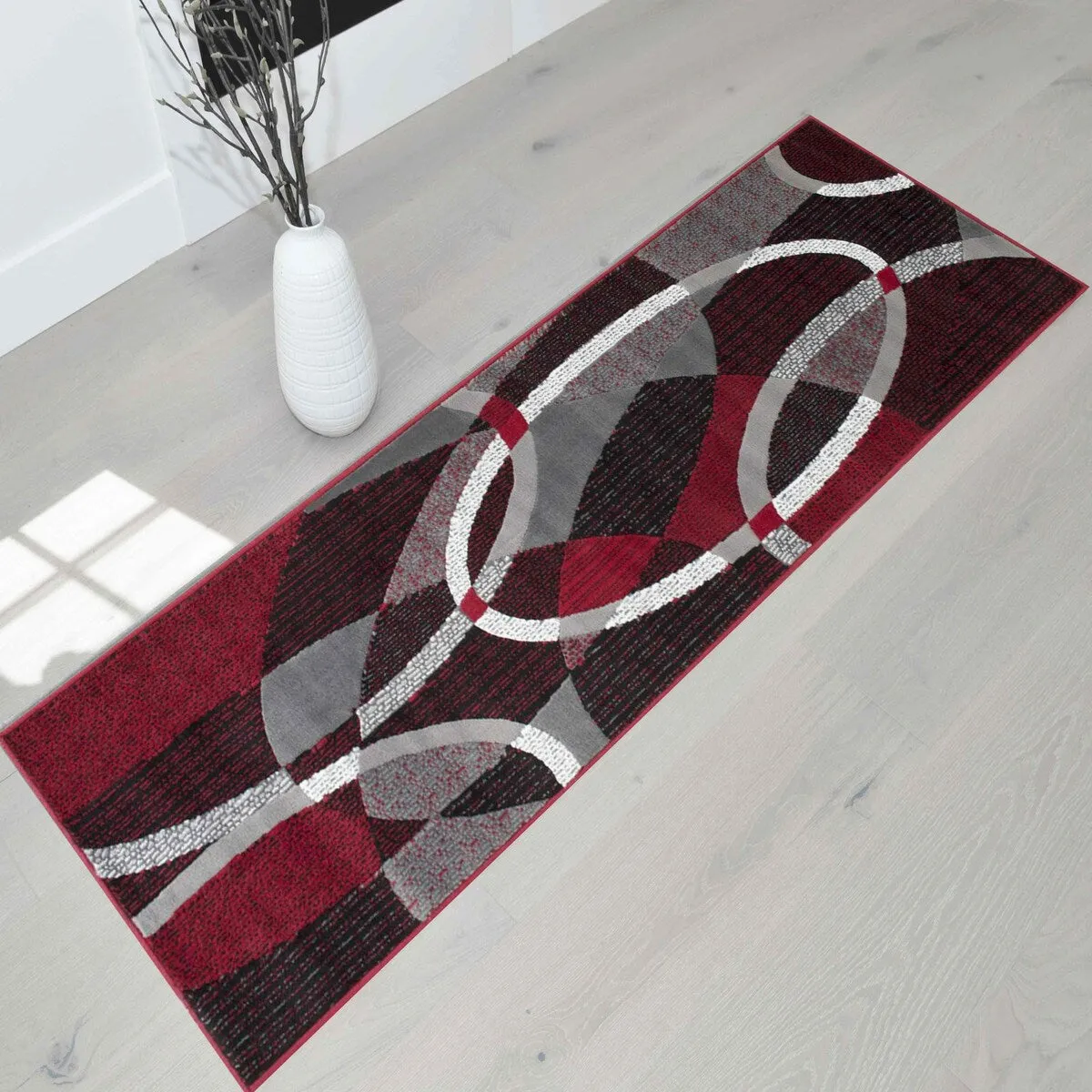HR Red. Grey. Silver. Black. Abstract Contemporary Modern Design Oval and Circle Pattern Area Rug