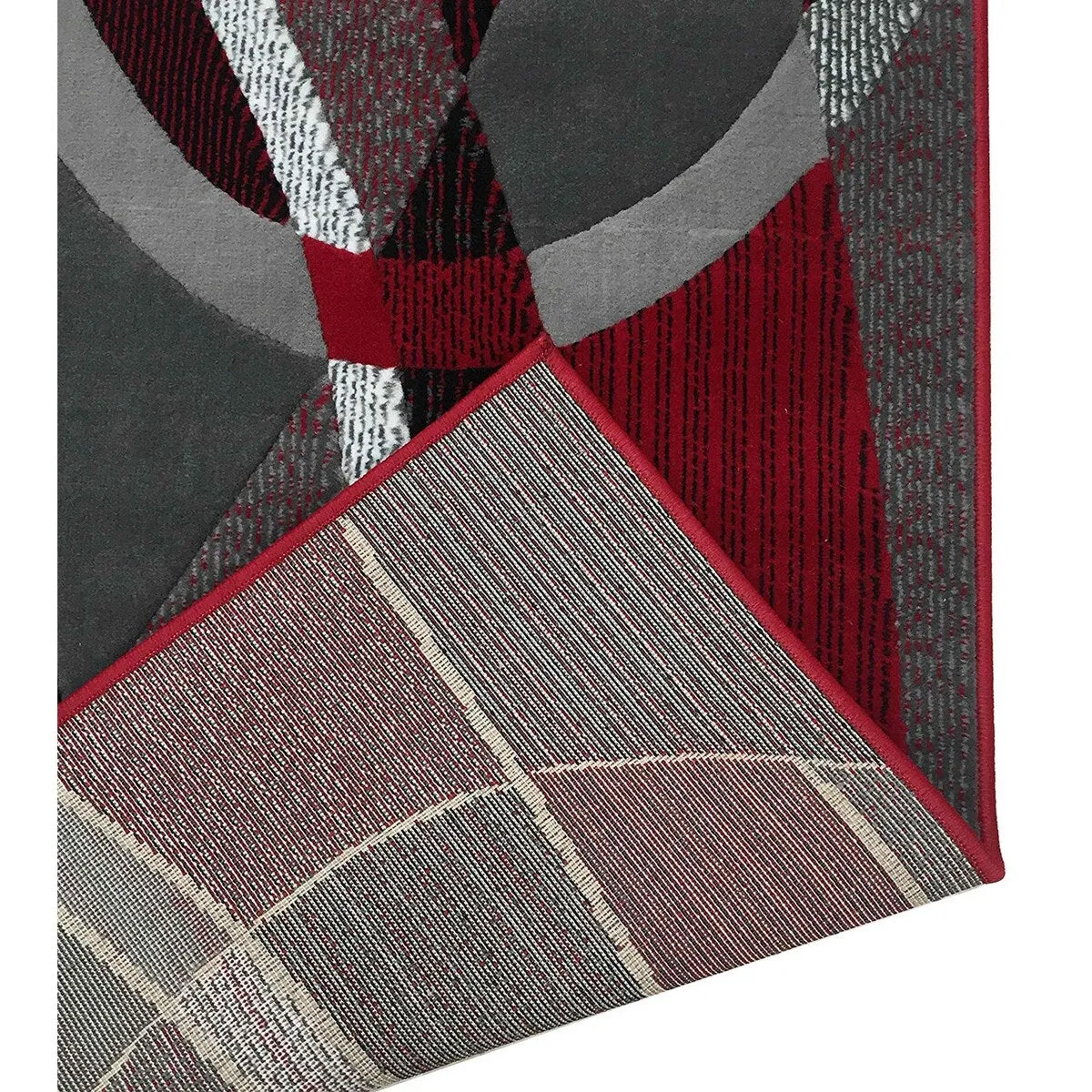 HR Red. Grey. Silver. Black. Abstract Contemporary Modern Design Oval and Circle Pattern Area Rug
