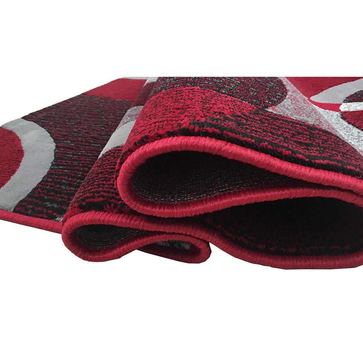 HR Red. Grey. Silver. Black. Abstract Contemporary Modern Design Oval and Circle Pattern Area Rug